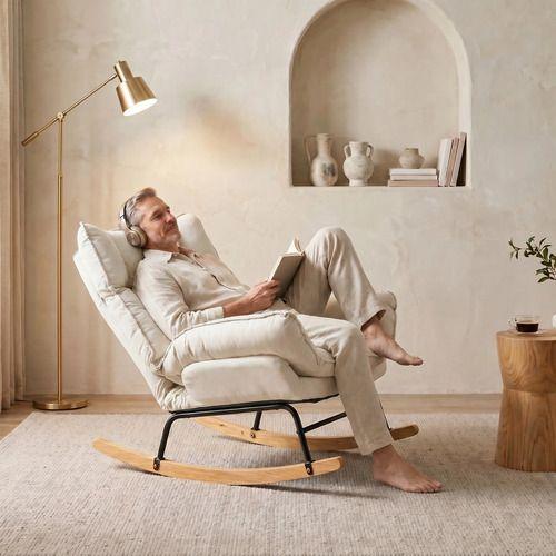 Sillon Mecedor Silla Mecedora Sitial Reclinable Tela Suave Blanco-5