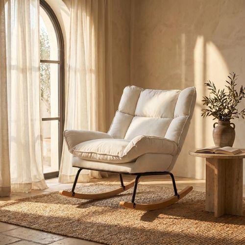 Sillon Mecedor Silla Mecedora Sitial Reclinable Tela Suave Blanco-7