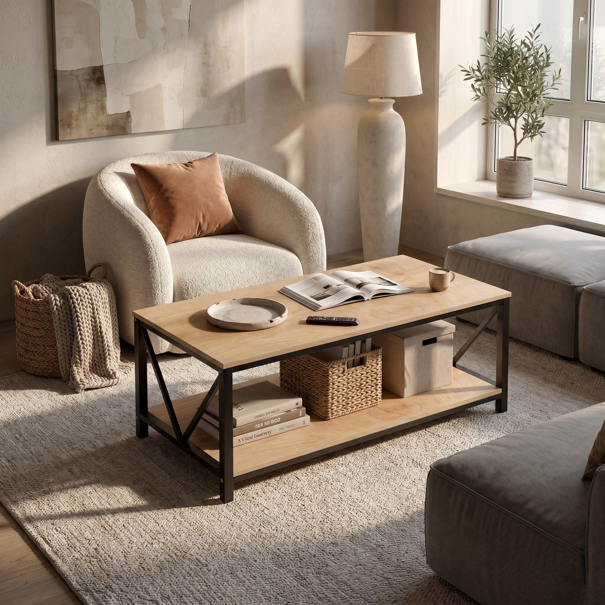 Mesa De Centro Minimalista Con Cubierta De Melamina Color Marrón Claro-4