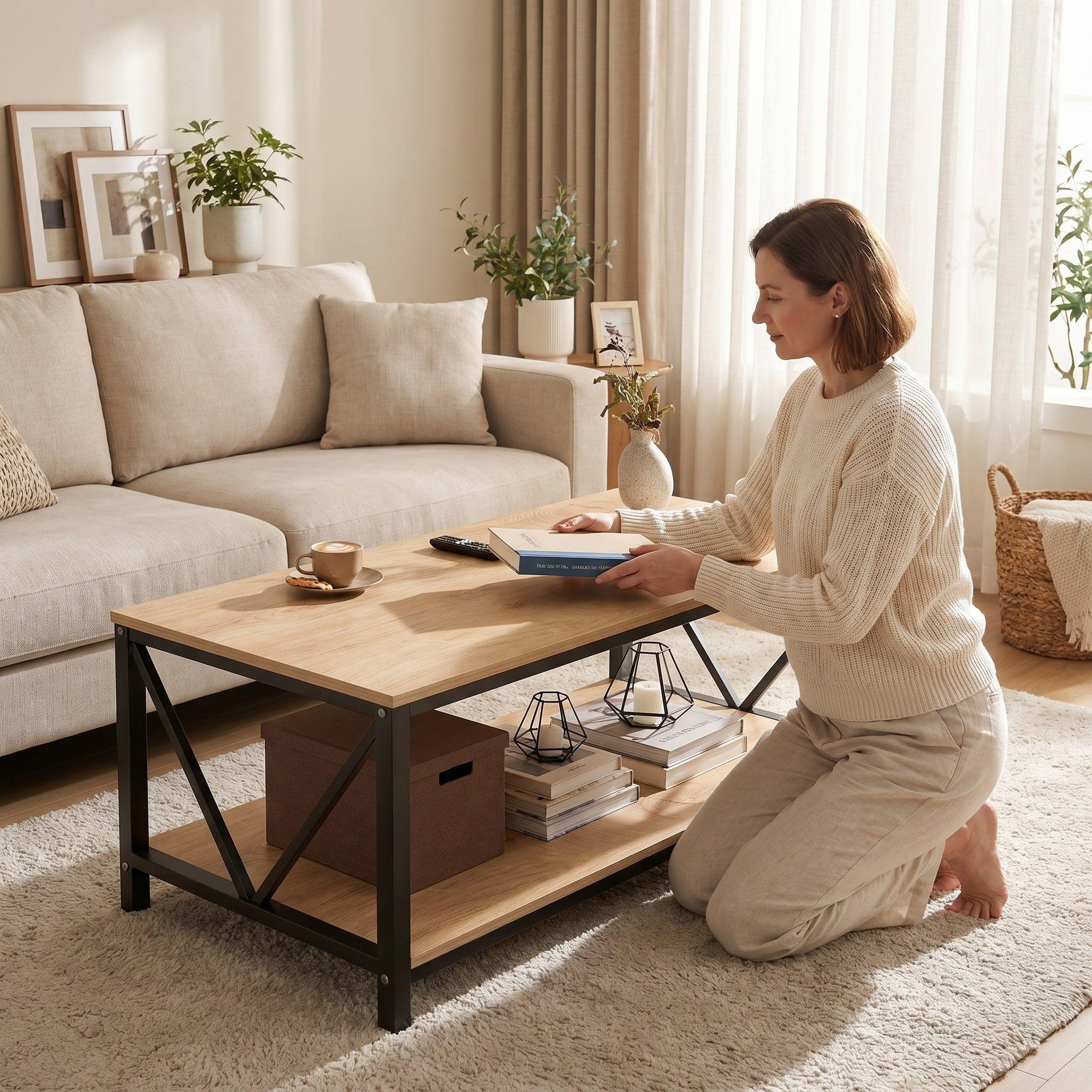 Mesa De Centro Minimalista Con Cubierta De Melamina Color Marrón Claro-5