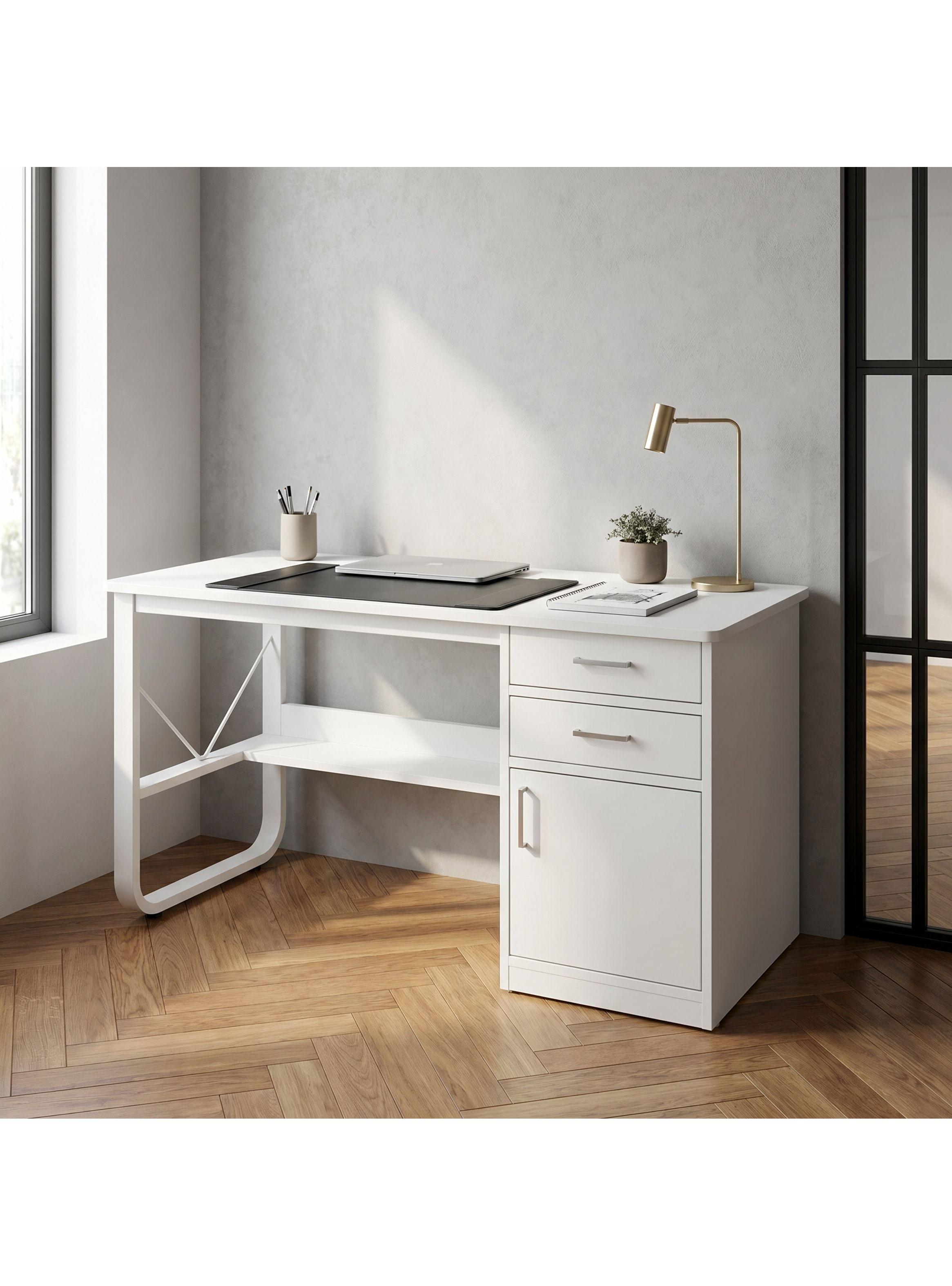 Escritorio Moderno Con Cajoneras 100x60x72cm Para Oficina Blanco-8