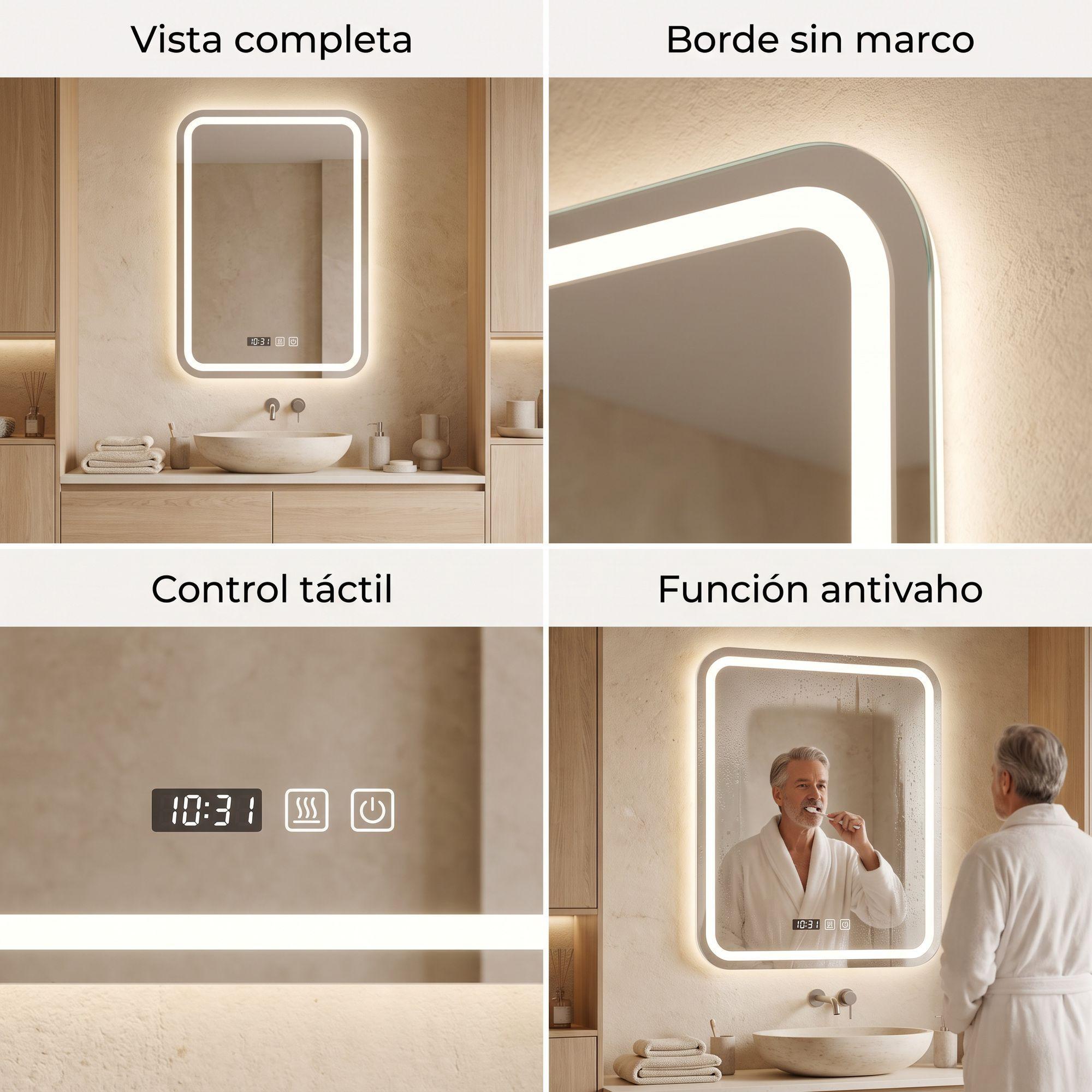 Espejo Baños Inteligente Luz Variable Antiempañante 50x70 Cm Marco Vertical-3