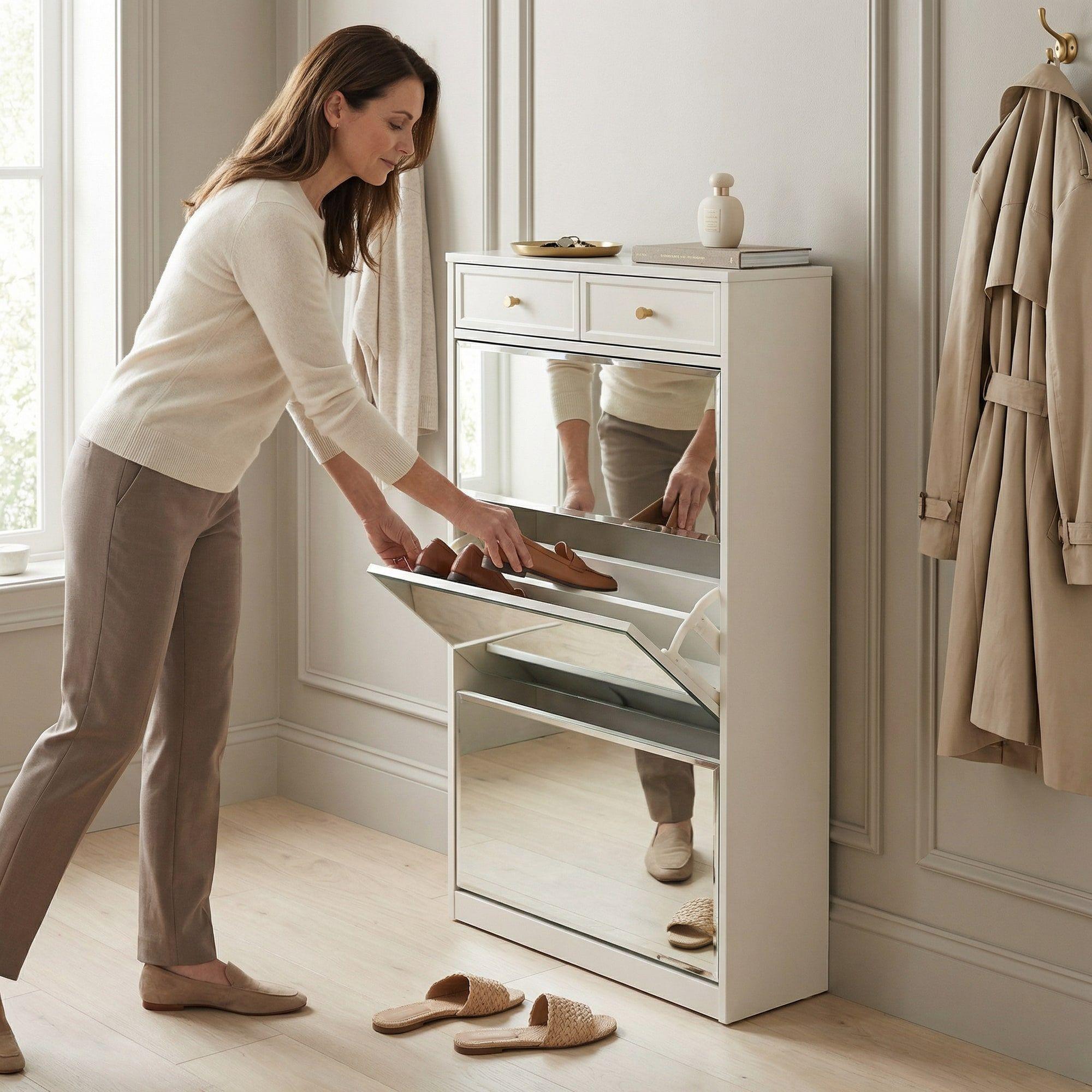Zapatero Organizdaor Moderno Con Espejo 24 Pares 120x80x24cm Blanco-4