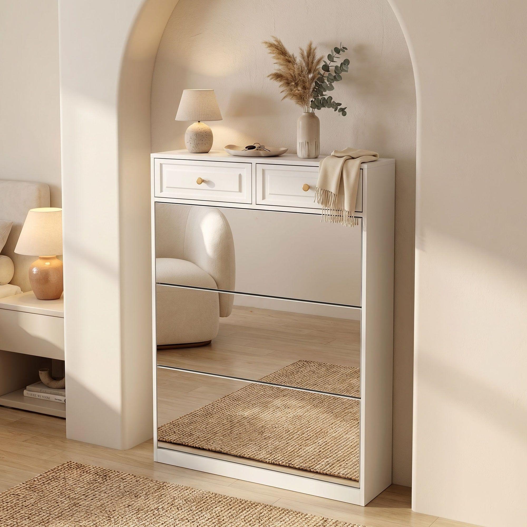 Zapatero Organizdaor Moderno Con Espejo 24 Pares 120x80x24cm Blanco-5
