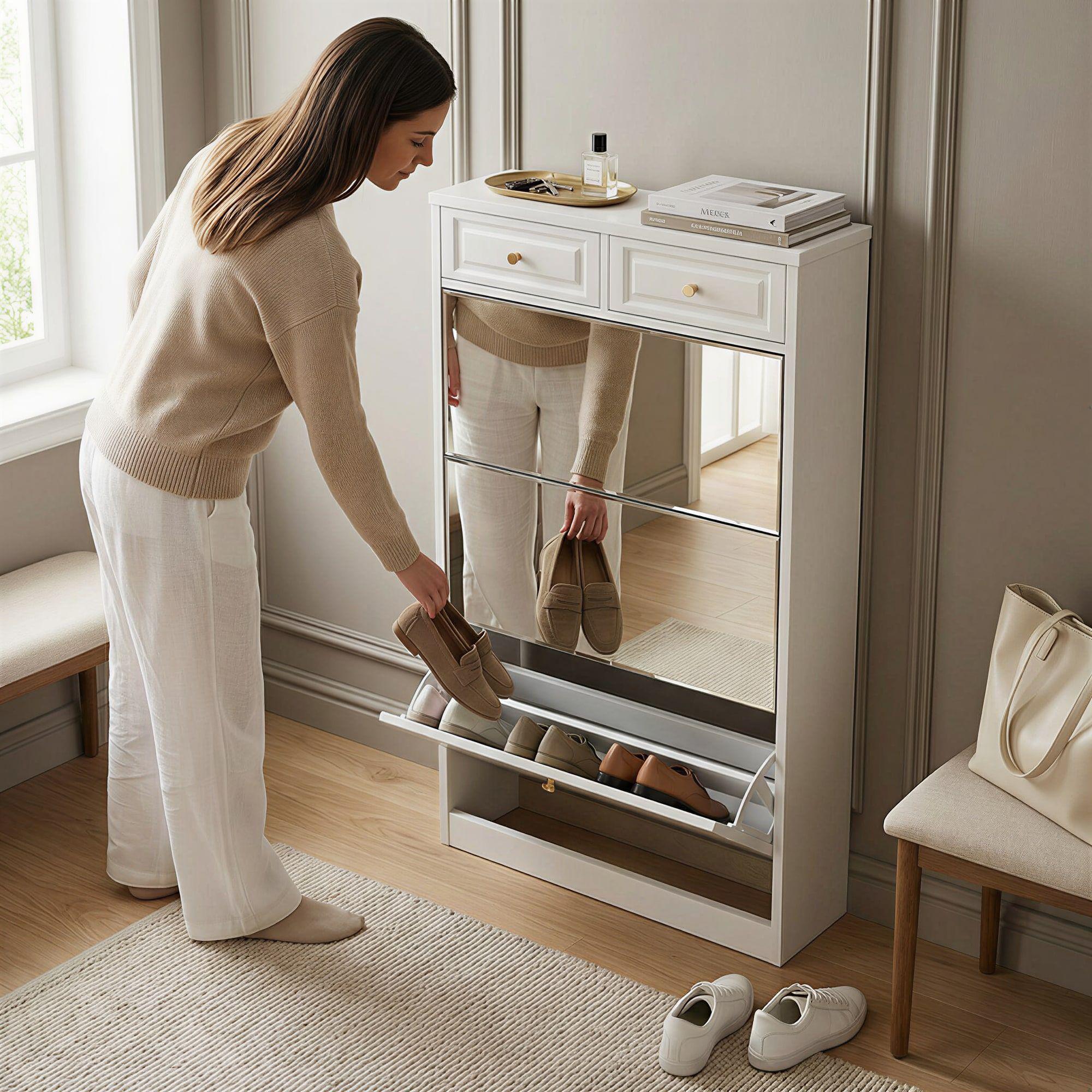 Zapatero Organizdaor Moderno Con Espejo 24 Pares 120x80x24cm Blanco-6