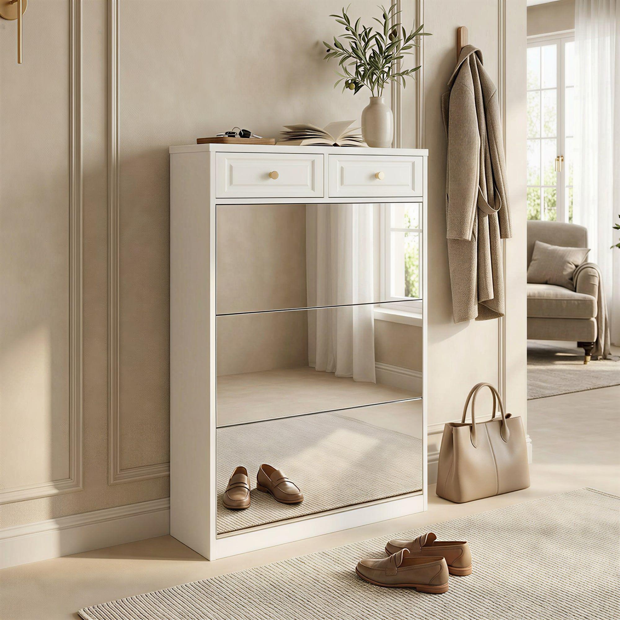 Zapatero Organizdaor Moderno Con Espejo 24 Pares 120x80x24cm Blanco-7