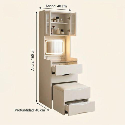 Tocador Lujo Espejo Tipo Velador Con Taburete Con Luz 160cm Blanco-2