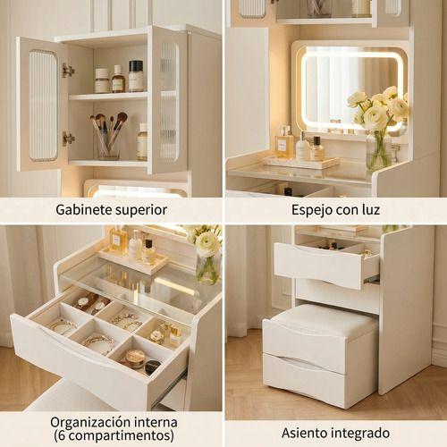 Tocador Lujo Espejo Tipo Velador Con Taburete Con Luz 160cm Blanco-3