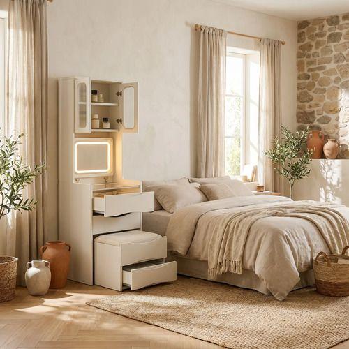 Tocador Lujo Espejo Tipo Velador Con Taburete Con Luz 160cm Blanco-6