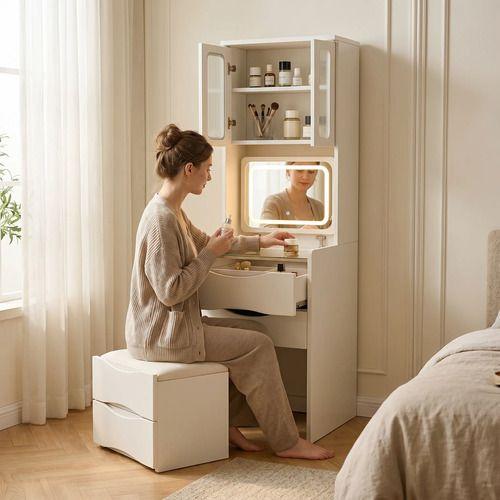 Tocador Lujo Espejo Tipo Velador Con Taburete Con Luz 160cm Blanco-7