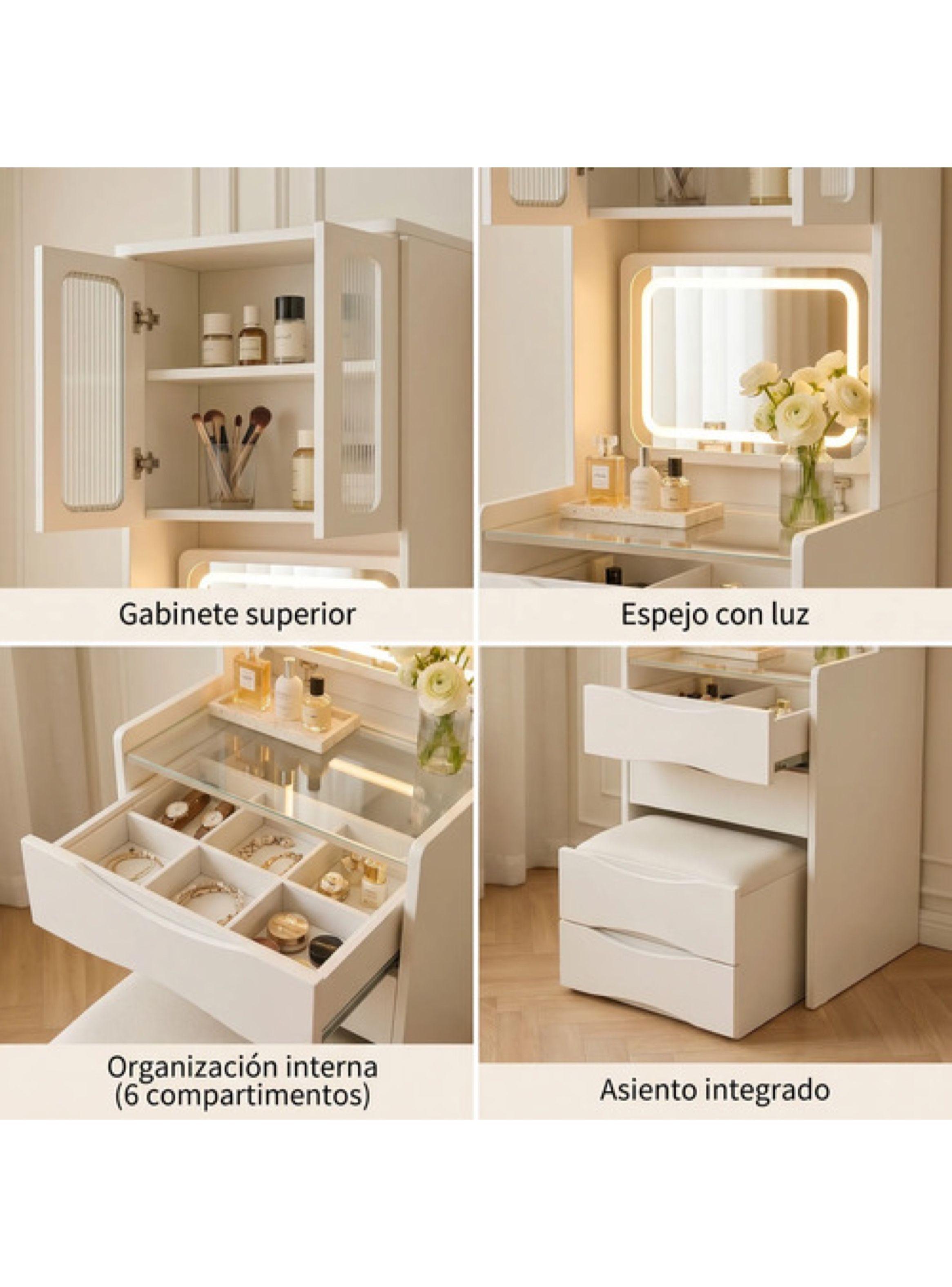 Tocador Lujo Espejo Tipo Velador Con Taburete Con Luz 160cm Blanco-3
