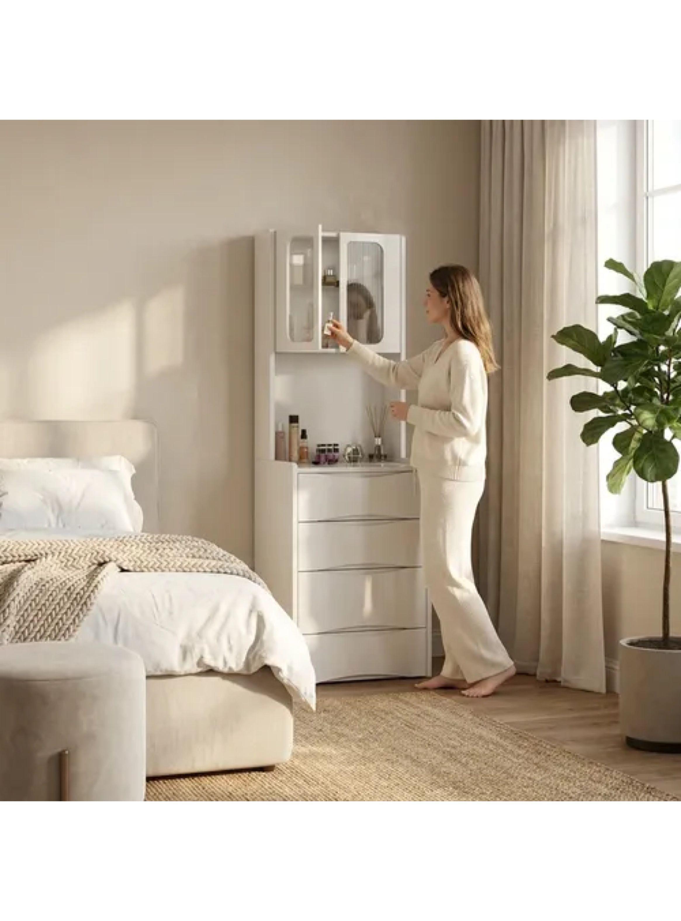 Tocador Lujo Espejo Tipo Velador Con Taburete Con Luz 160cm Blanco-5