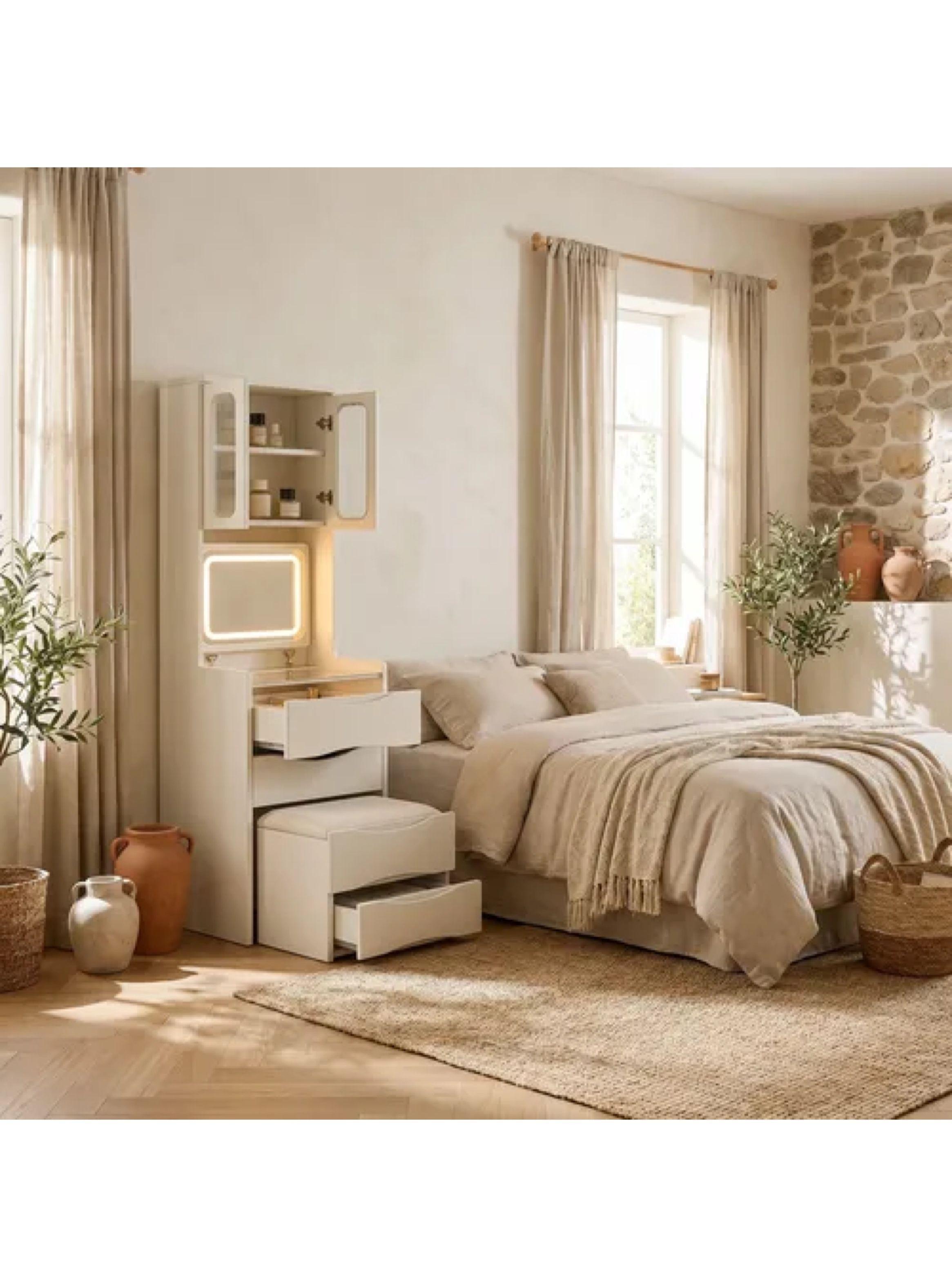 Tocador Lujo Espejo Tipo Velador Con Taburete Con Luz 160cm Blanco-6