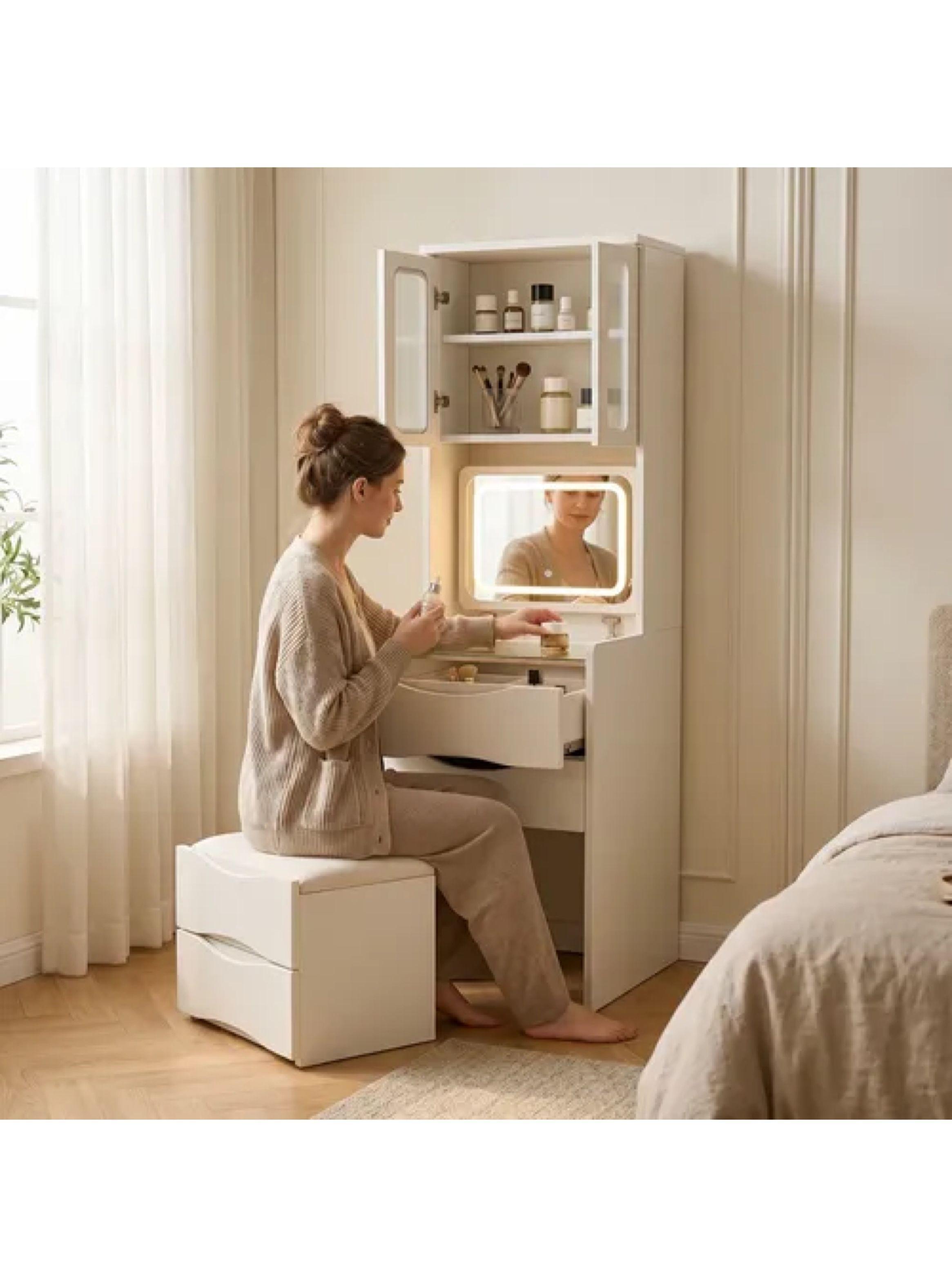 Tocador Lujo Espejo Tipo Velador Con Taburete Con Luz 160cm Blanco-7