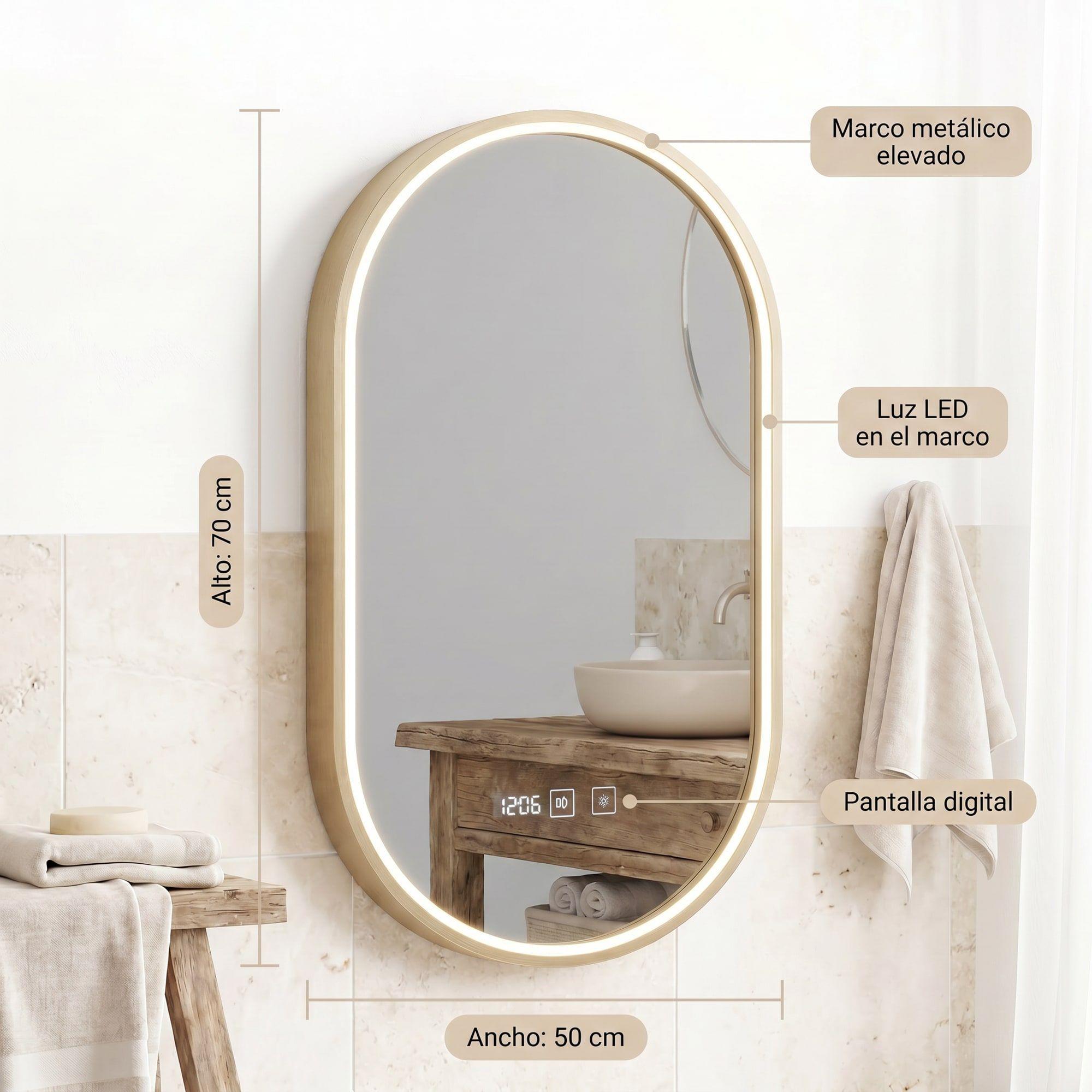 Espejo Marco Melalico Con Luz Led Touch Para Baño 50x70cm Dorado Ovalo-2