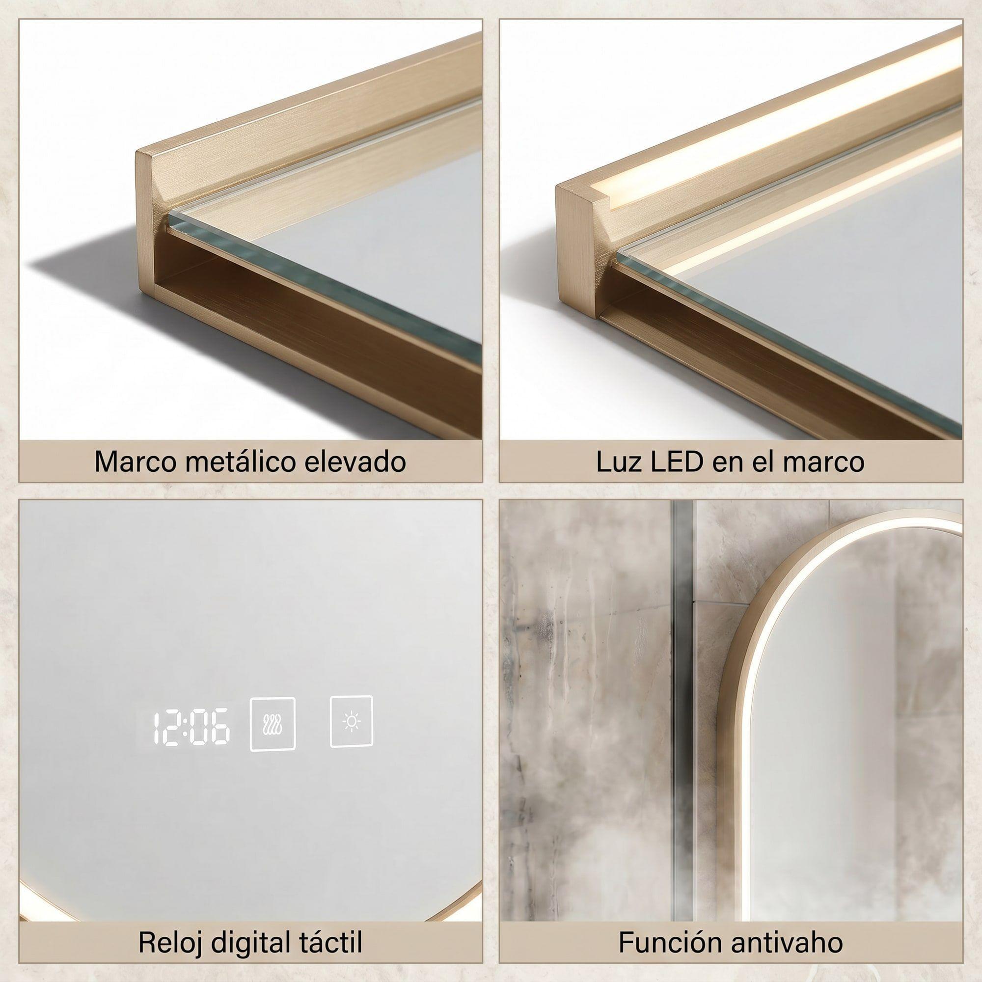 Espejo Marco Melalico Con Luz Led Touch Para Baño 50x70cm Dorado Ovalo-3
