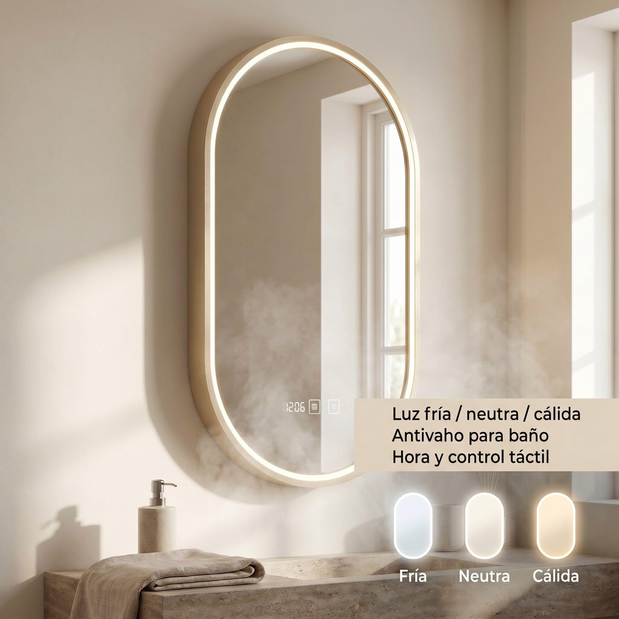 Espejo Marco Melalico Con Luz Led Touch Para Baño 50x70cm Dorado Ovalo-6