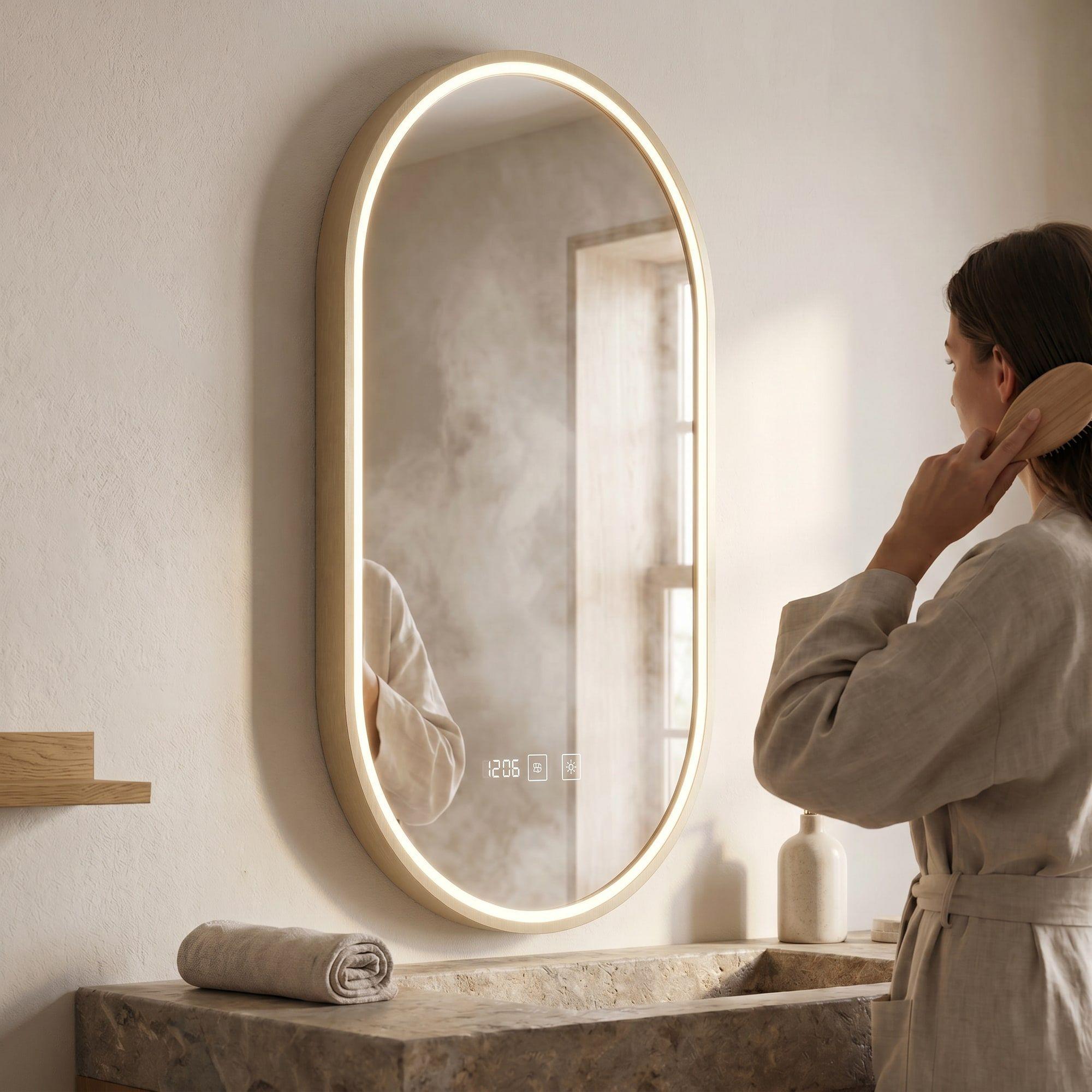 Espejo Marco Melalico Con Luz Led Touch Para Baño 50x70cm Dorado Ovalo-7