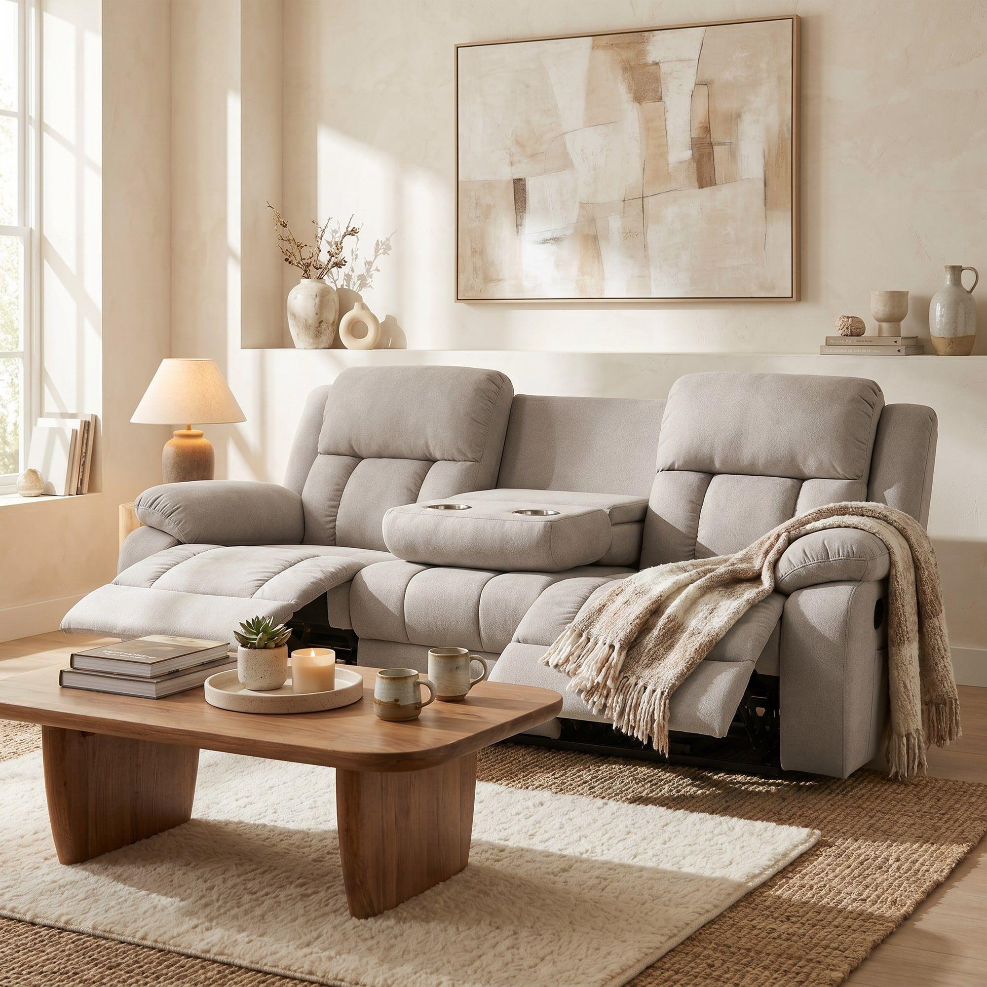 Sofa Reclinable 3 Cuerpo Con Porta Vaso Tela Tecnica Caqui-0