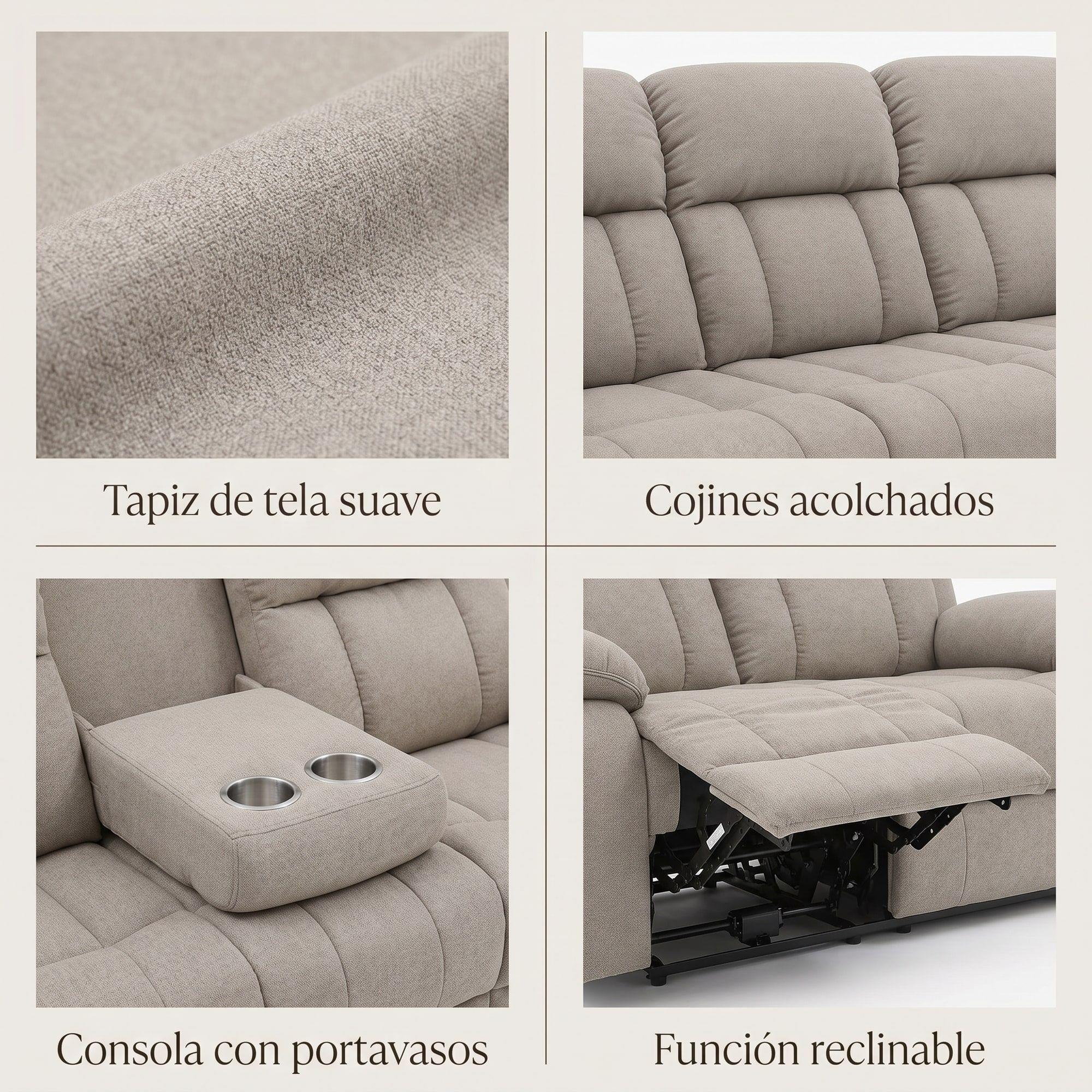 Sofa Reclinable 3 Cuerpo Con Porta Vaso Tela Tecnica Caqui-2