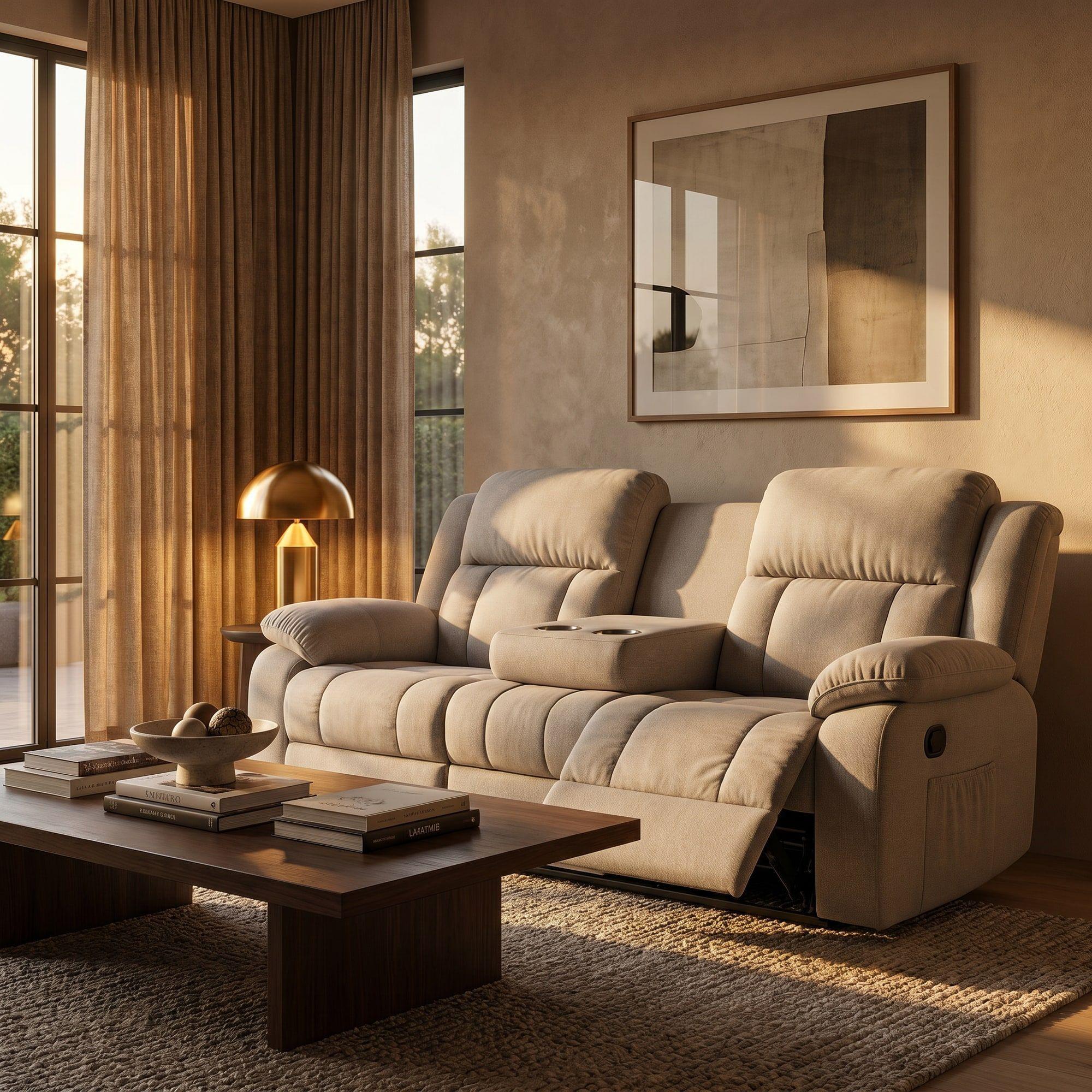 Sofa Reclinable 3 Cuerpo Con Porta Vaso Tela Tecnica Caqui-3