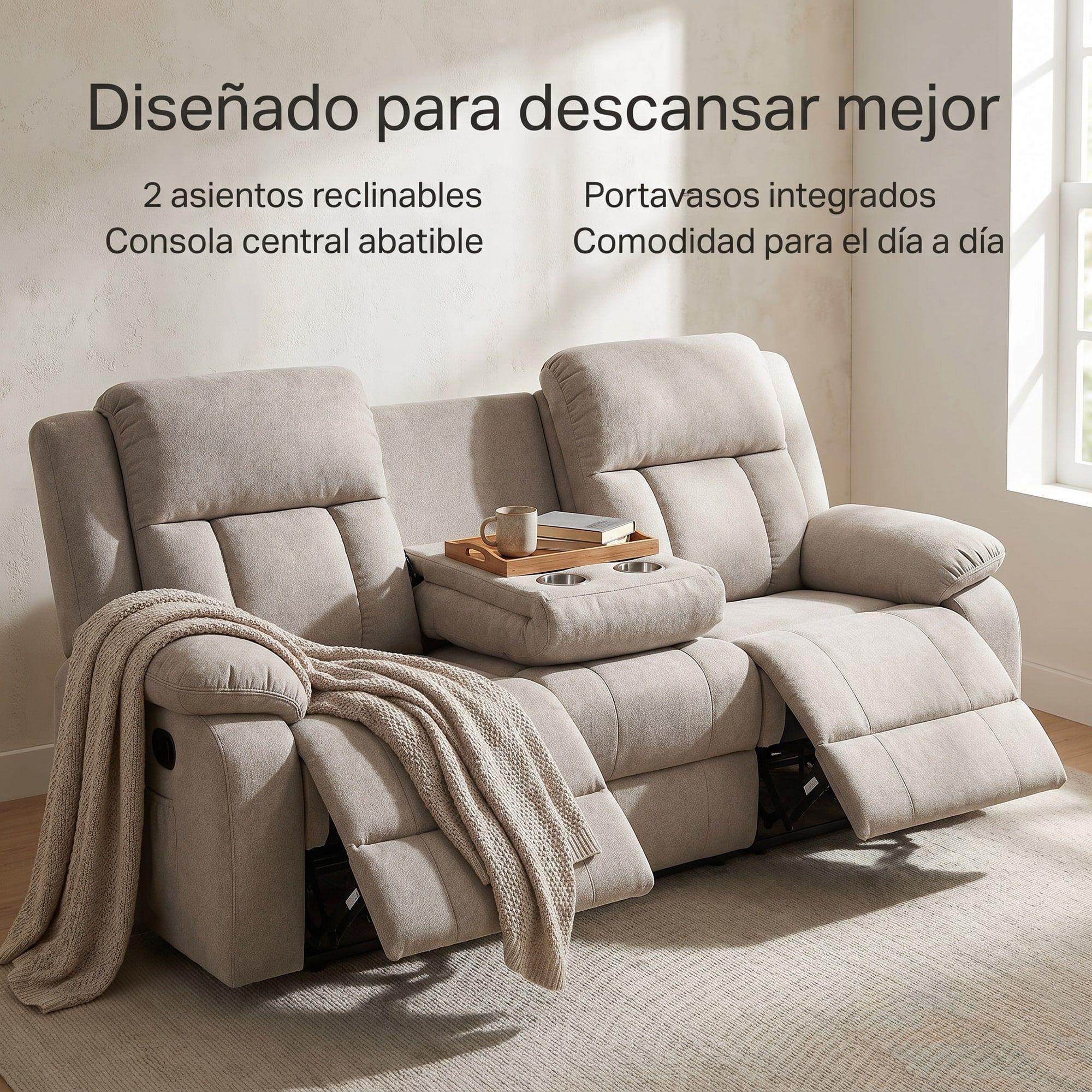 Sofa Reclinable 3 Cuerpo Con Porta Vaso Tela Tecnica Caqui-4