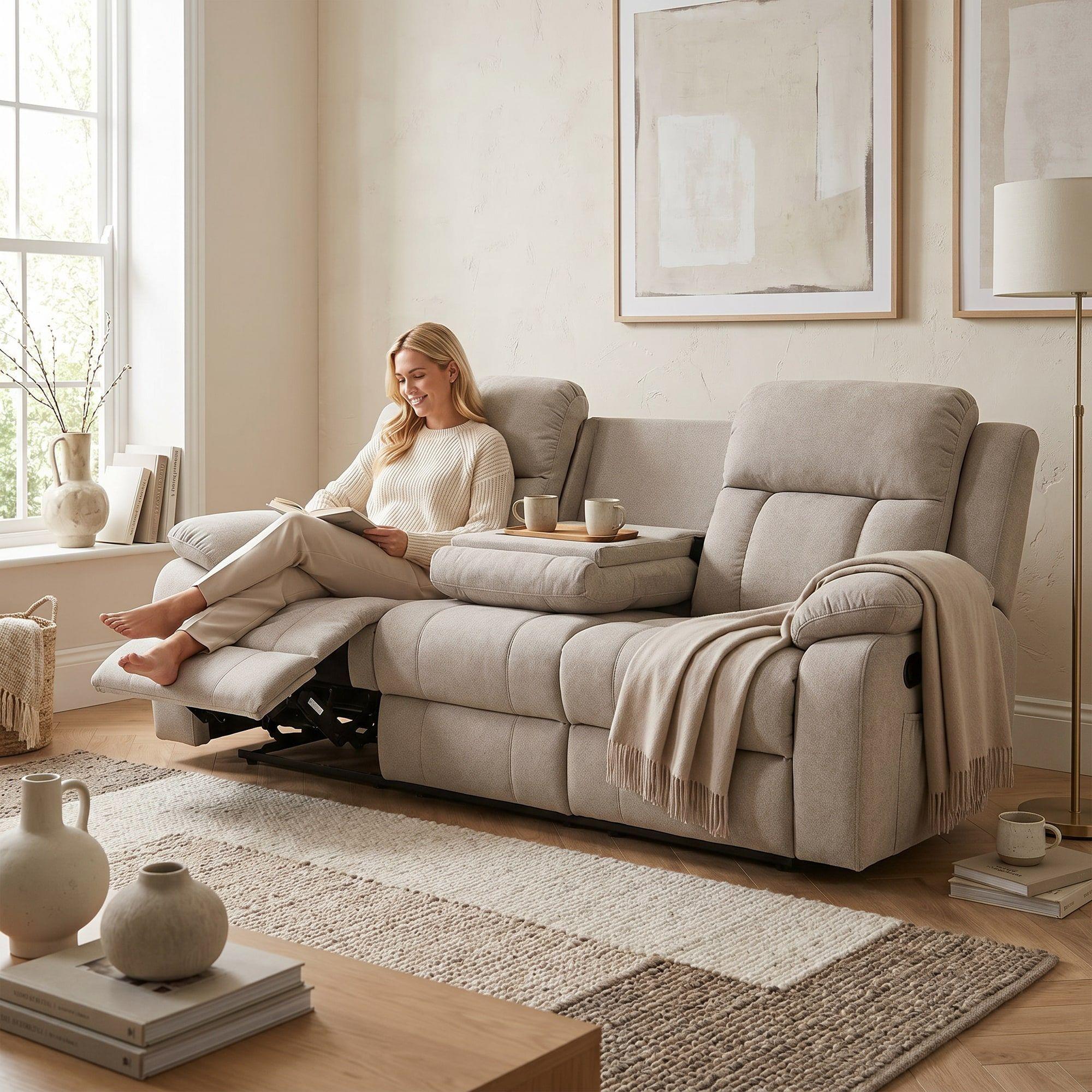 Sofa Reclinable 3 Cuerpo Con Porta Vaso Tela Tecnica Caqui-5