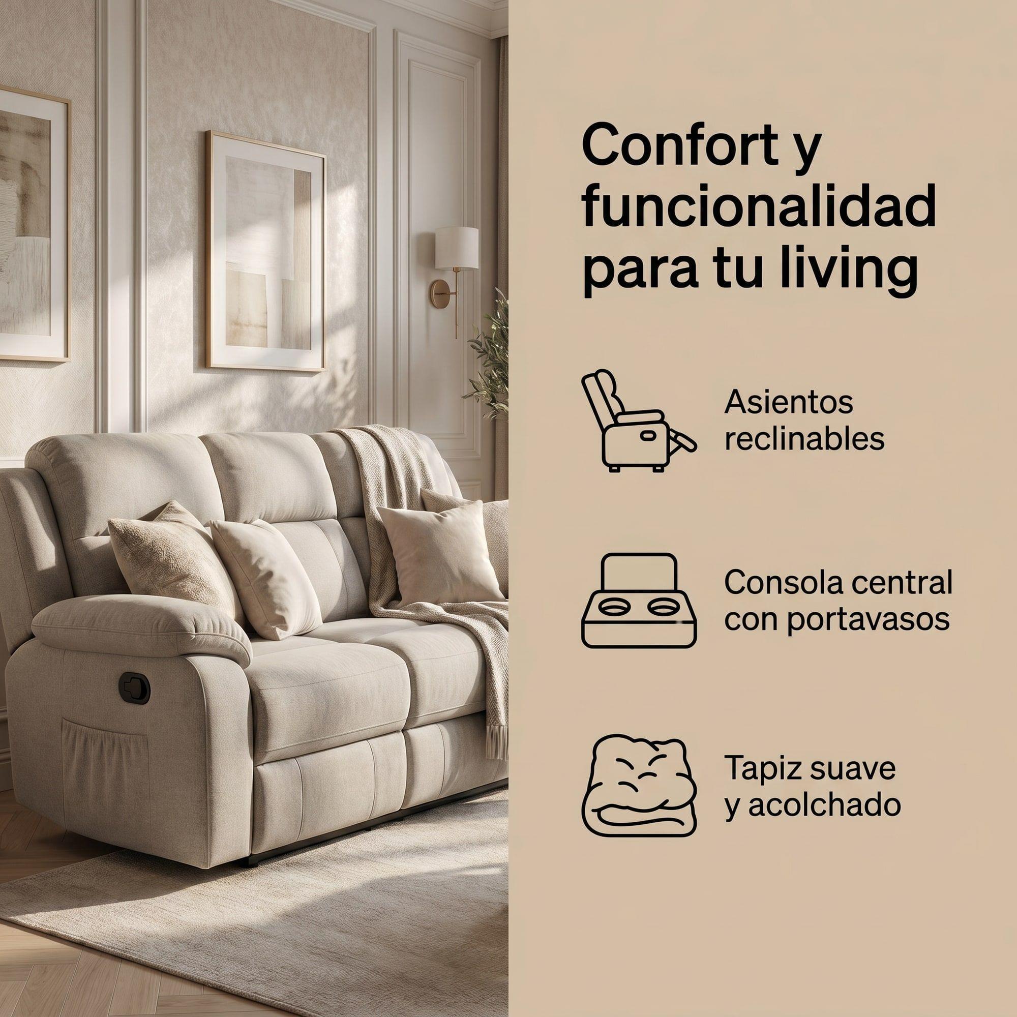 Sofa Reclinable 3 Cuerpo Con Porta Vaso Tela Tecnica Caqui-6
