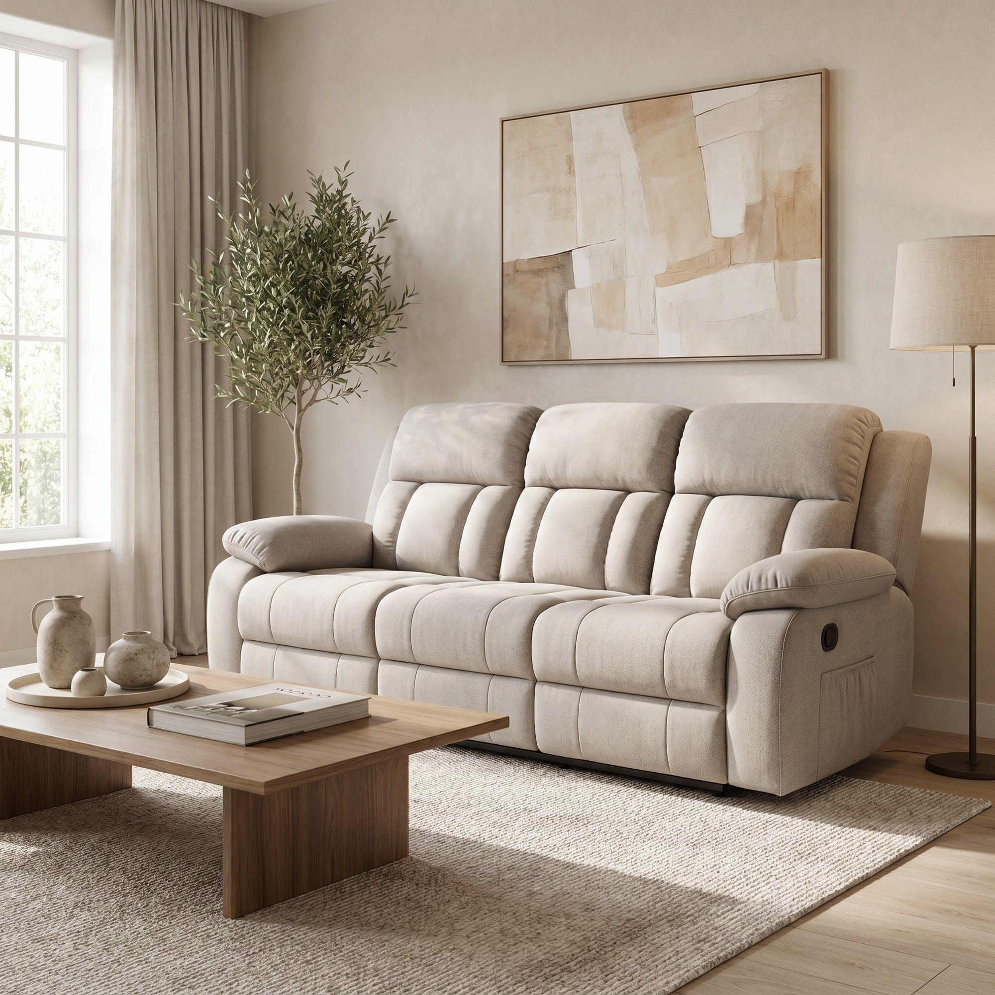 Sofa Reclinable 3 Cuerpo Con Porta Vaso Tela Tecnica Caqui-7