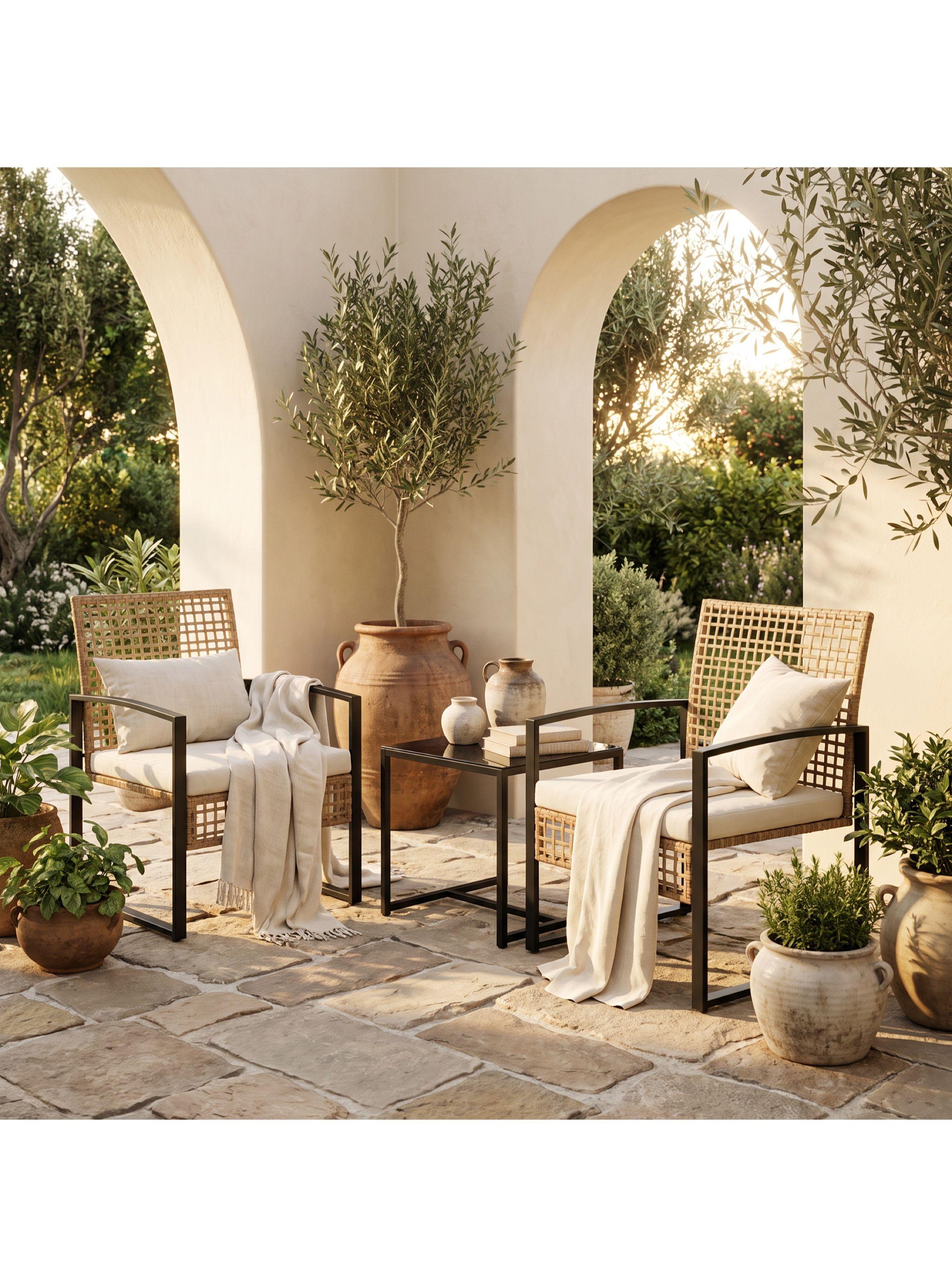 Juego De Terraza Oriana 3 Piezas 2 Sillones Ratán Con Mesa Negro-6