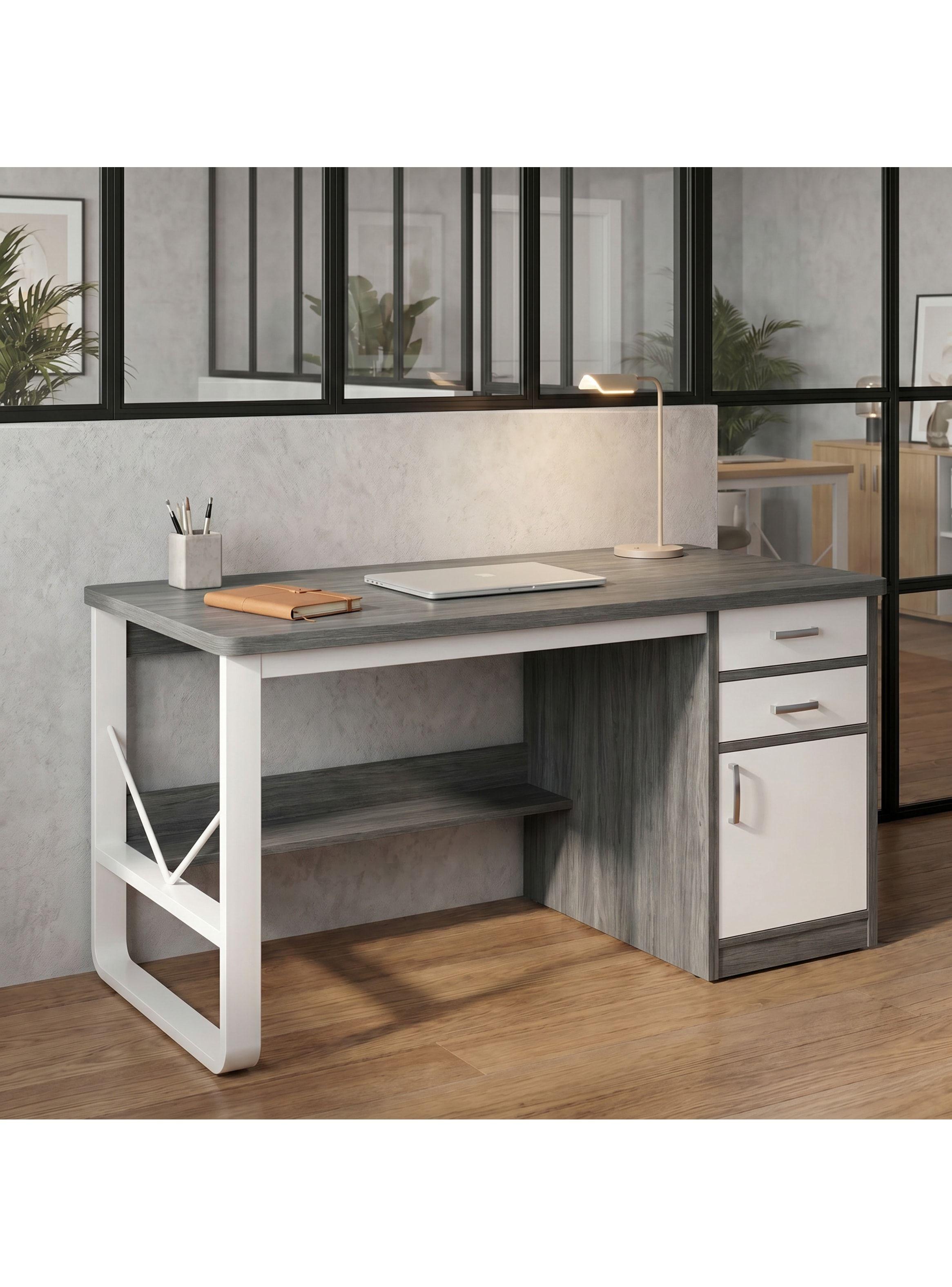 Escritorio Moderno Con Cajoneras 120x60x72cm Para Oficina Gris-6