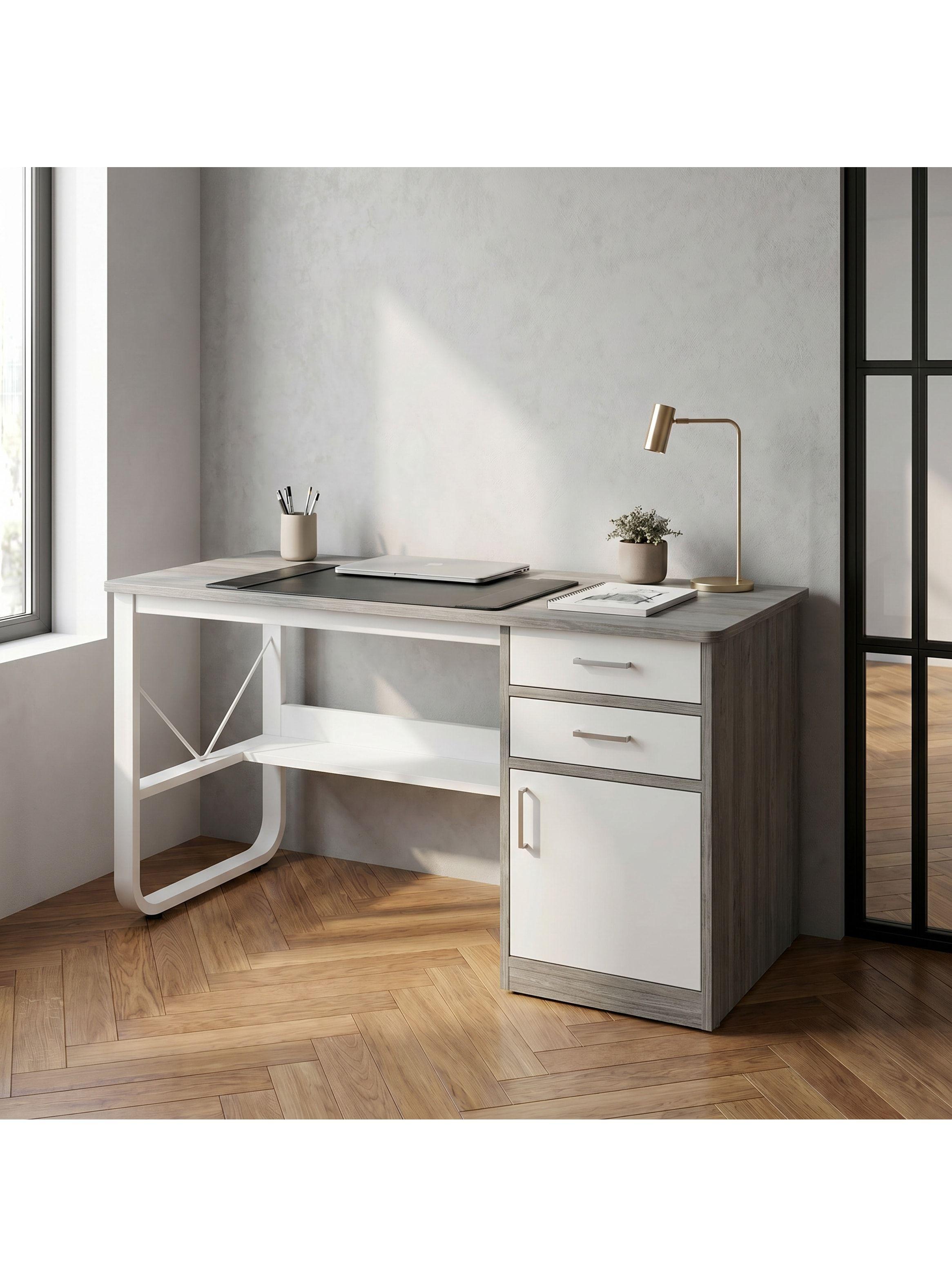 Escritorio Moderno Con Cajoneras 120x60x72cm Para Oficina Gris-8