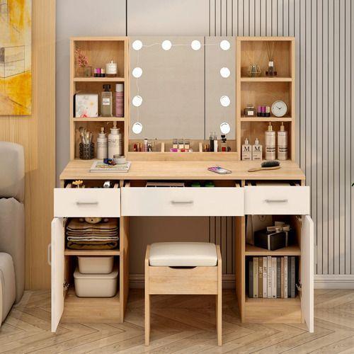Tocador Con Espejo Y Luces Con Taburete Cajones 140x110x40cm-2