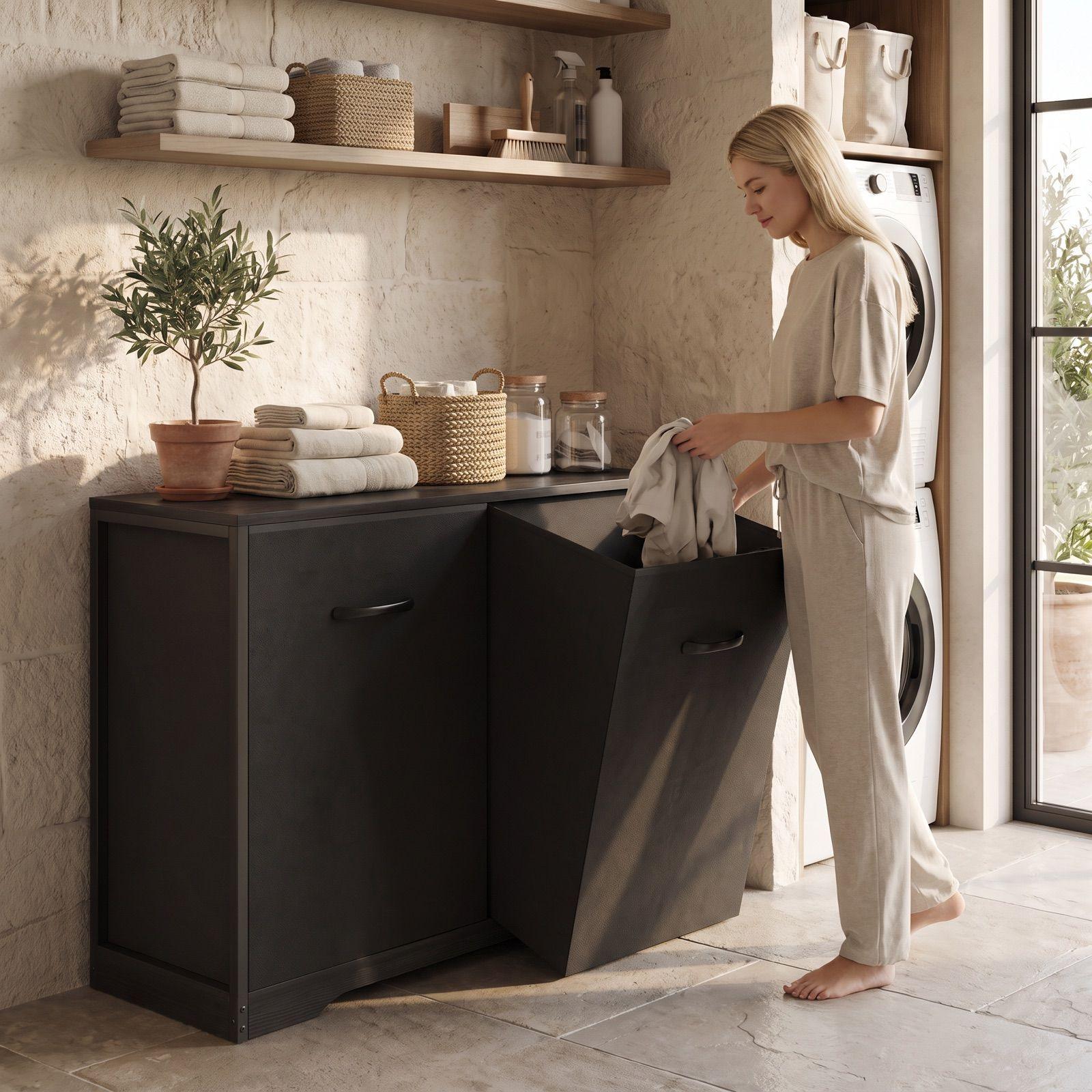 Gabinete Comoda Para Ropa Sucia Baño Y Logia 2 Cestos Tela Negro SNJ001-B-0
