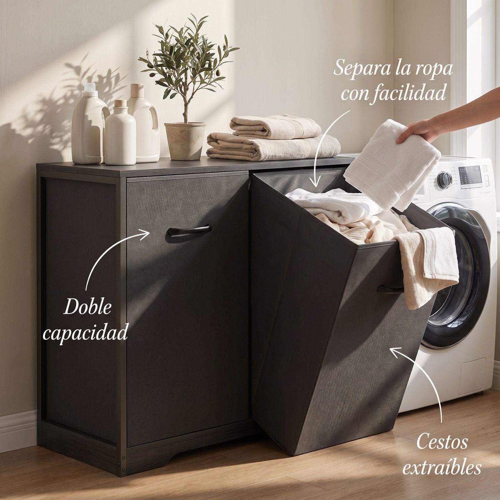 Gabinete Comoda Para Ropa Sucia Baño Y Logia 2 Cestos Tela Negro SNJ001-B-7