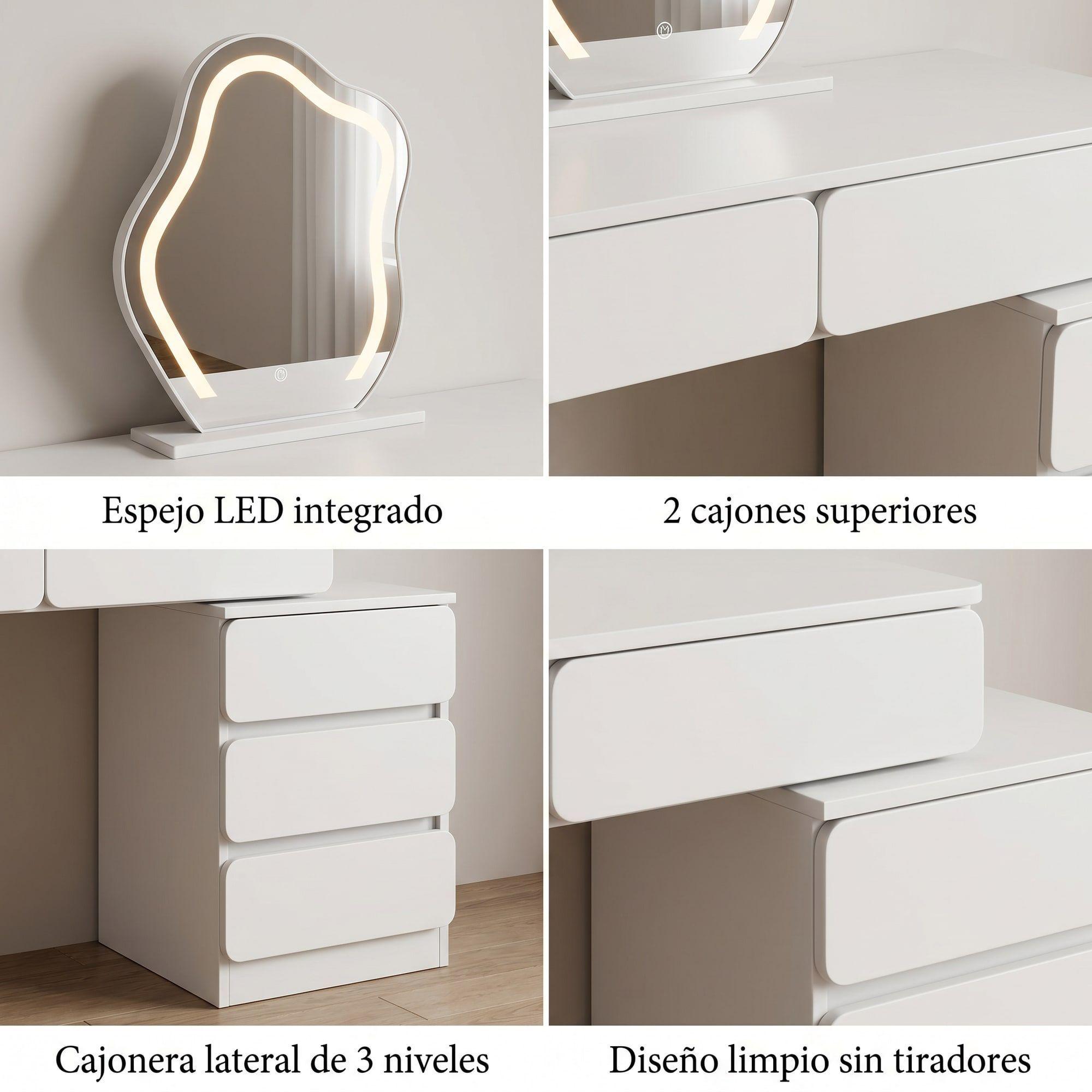 Tocador Lujo Espejo Con Luz Comoda Intercambiable Escritorio Blanco-4