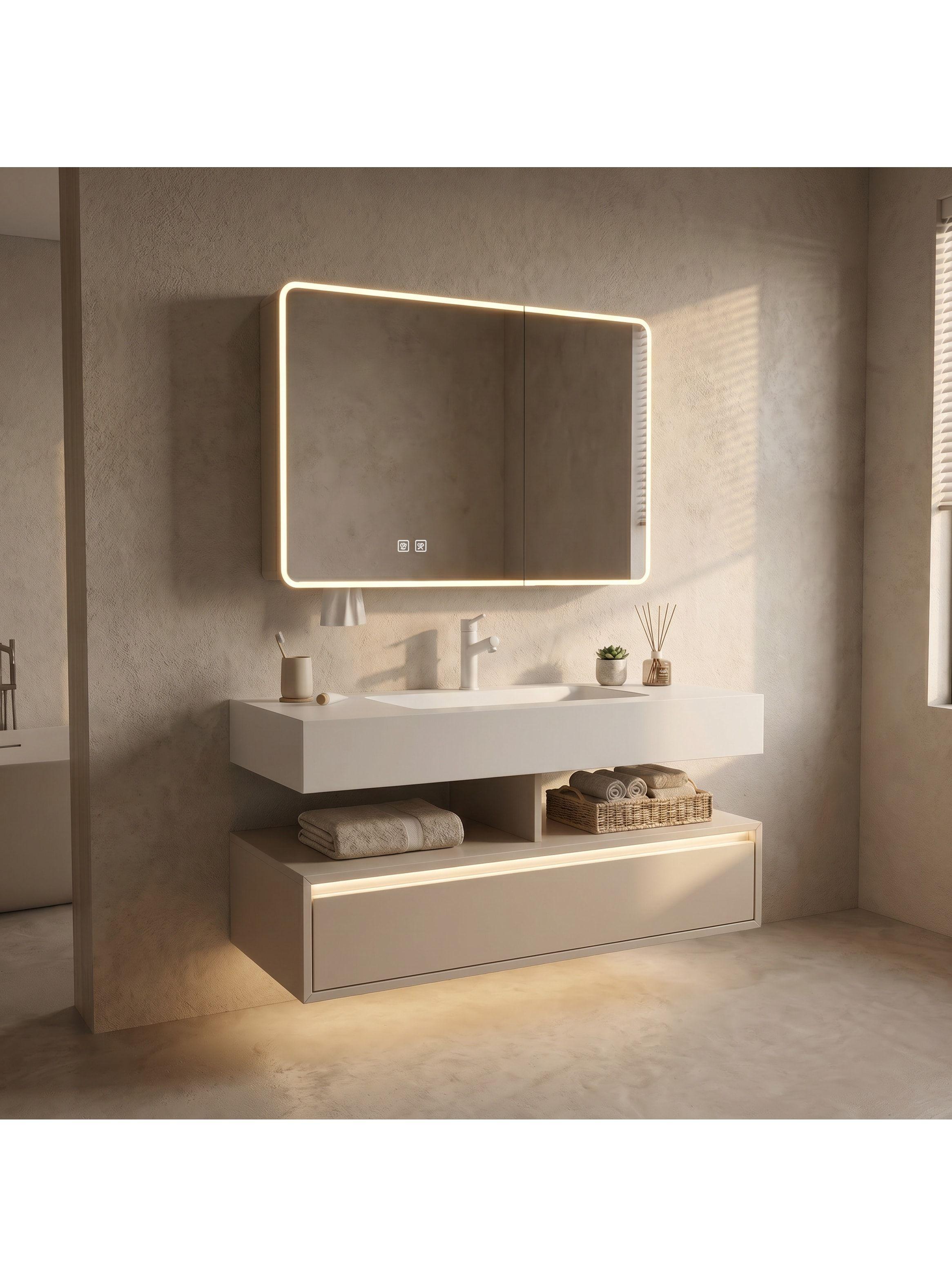 Vanitorio De Panal Aluminio+botiquín Espejo Inteligente S60 Beige Un Agujero-0