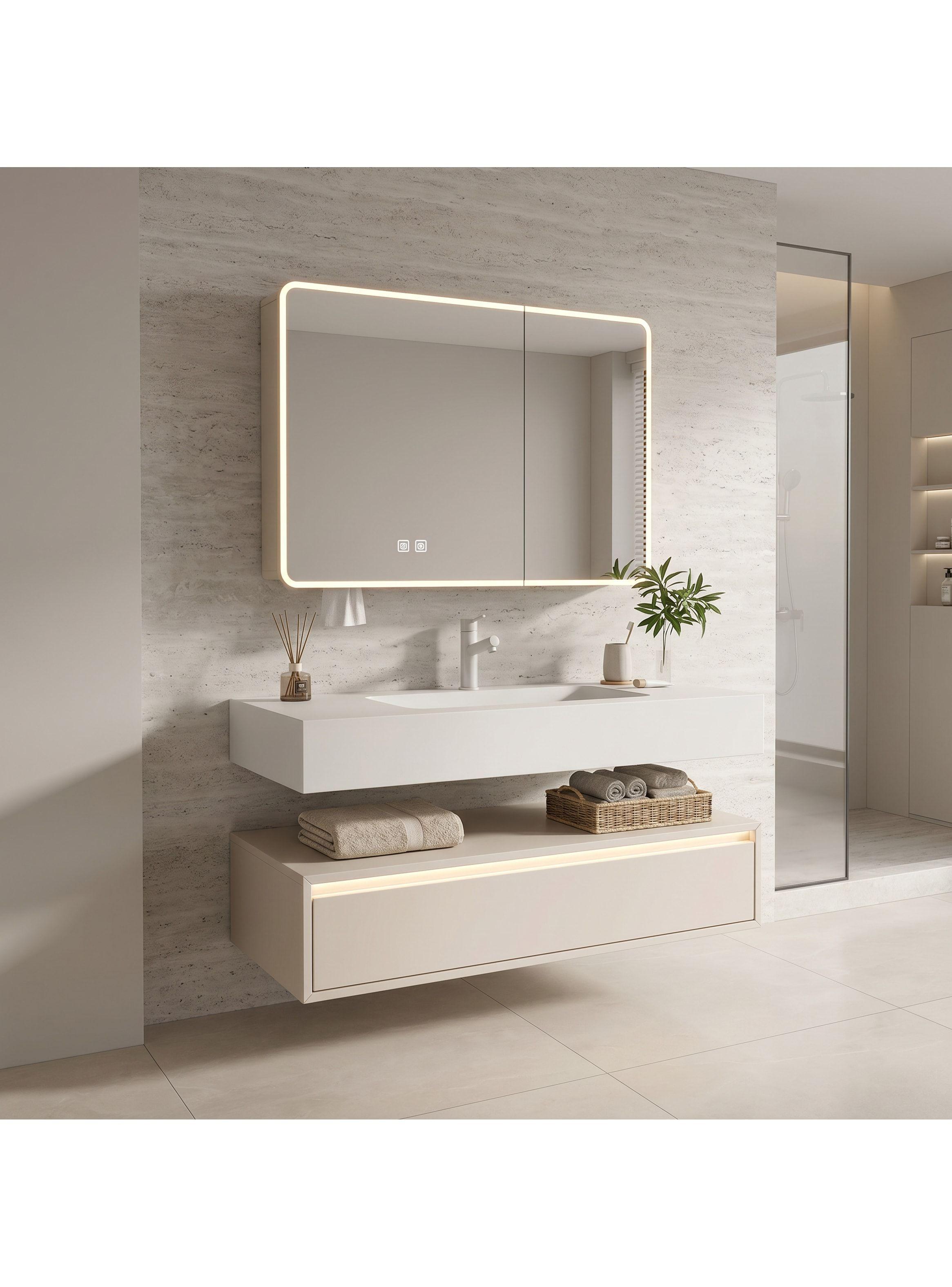 Vanitorio De Panal Aluminio+botiquín Espejo Inteligente S60 Beige Un Agujero-4