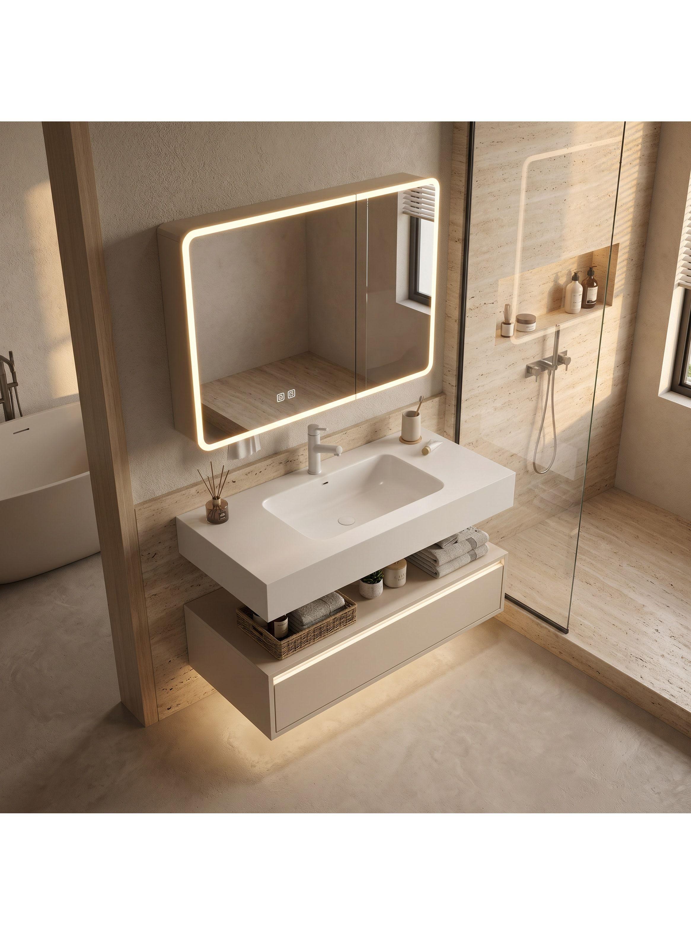 Vanitorio De Panal Aluminio+botiquín Espejo Inteligente S60 Beige Un Agujero-6