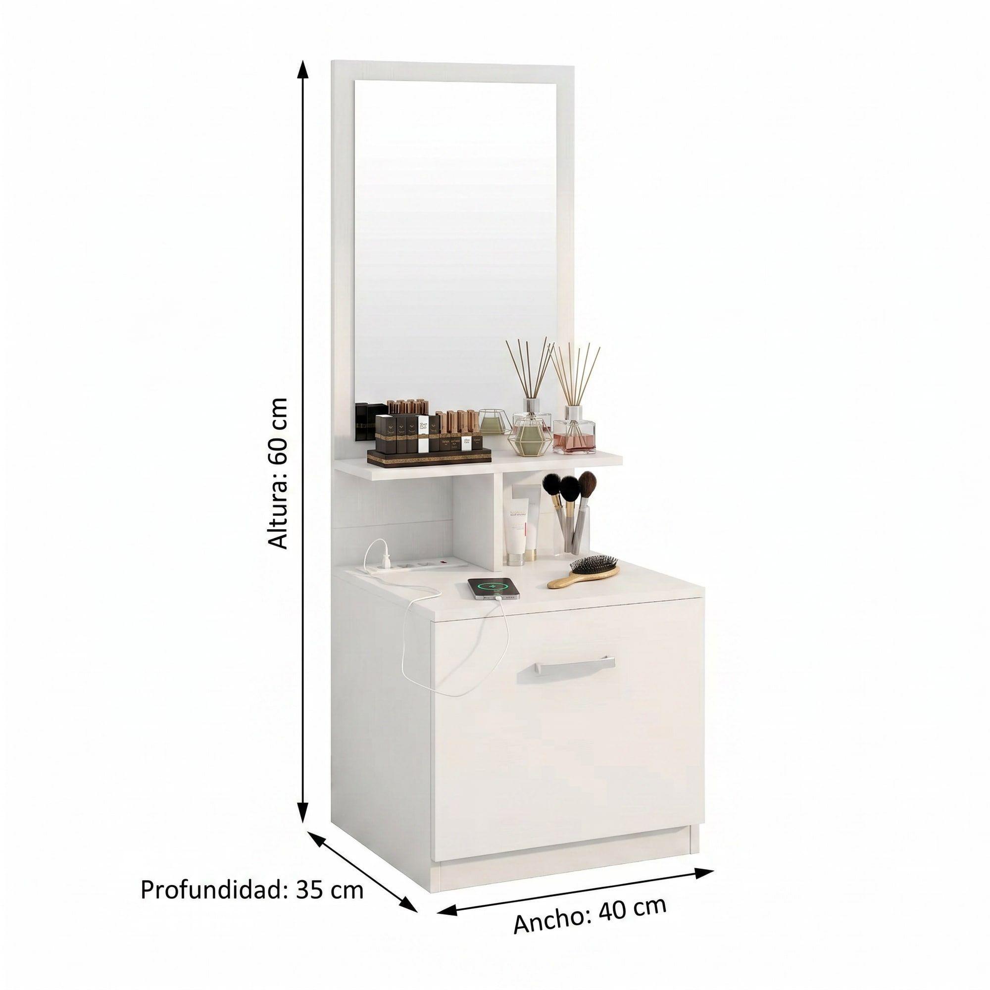 Velador Con Espejo Repisa Y Cajon Grande 170cm Con Enchufe Mate Blanco-2