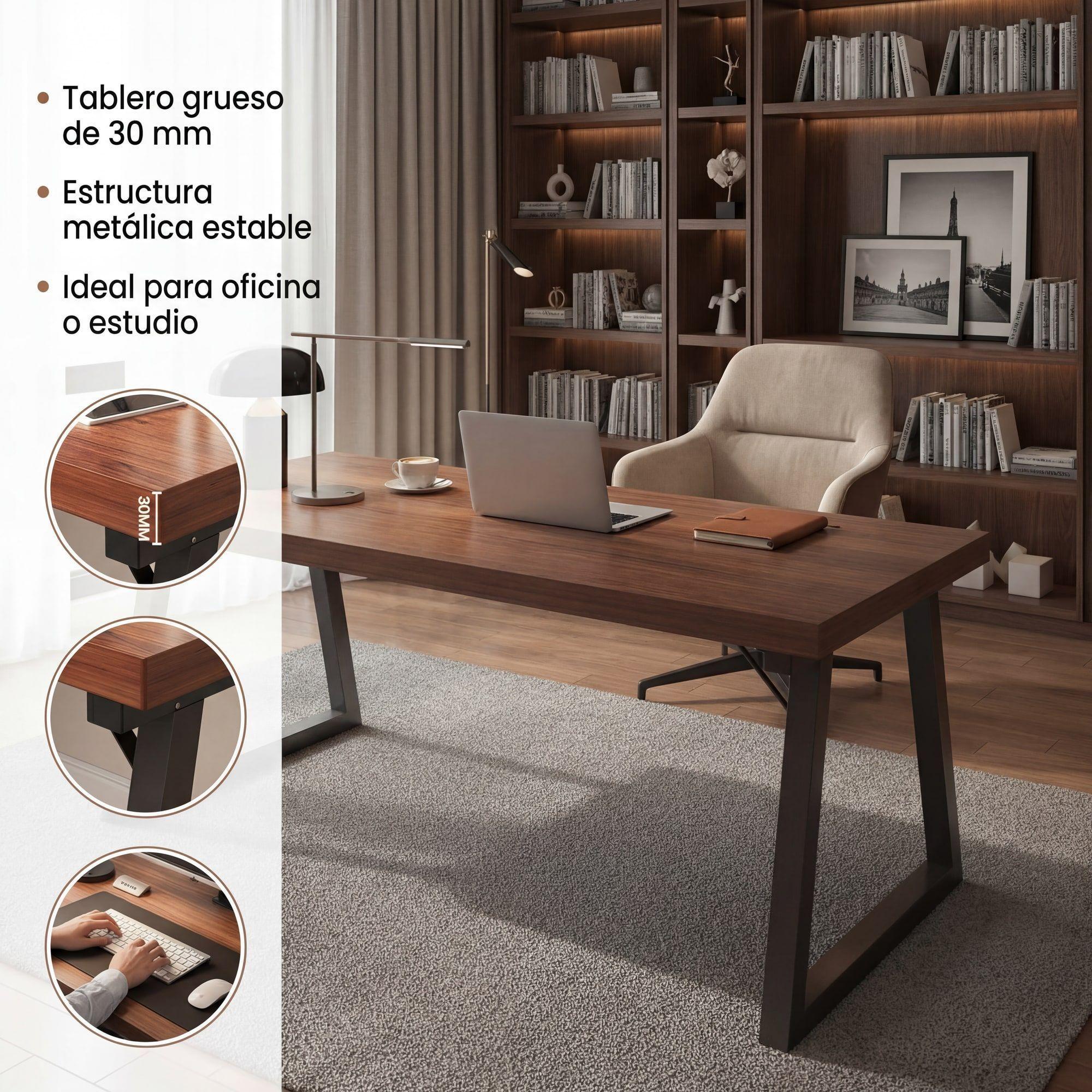 Homer Design Escritorio Pata Metal Oficina 100x60x75cm Gruesa 30mm Color Marrón Oscuro-3