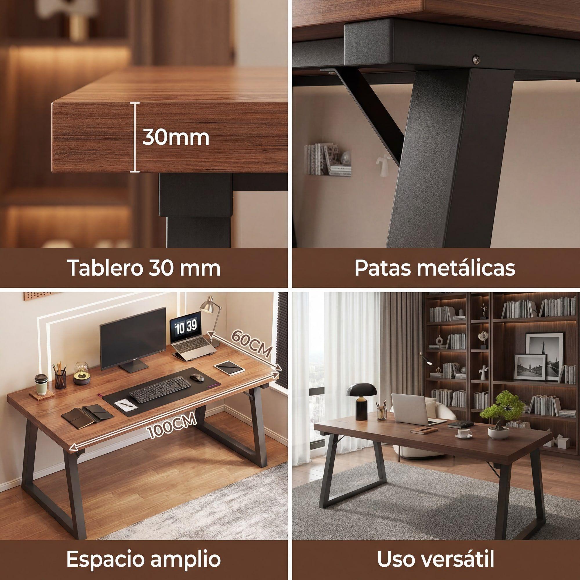 Homer Design Escritorio Pata Metal Oficina 100x60x75cm Gruesa 30mm Color Marrón Oscuro-5