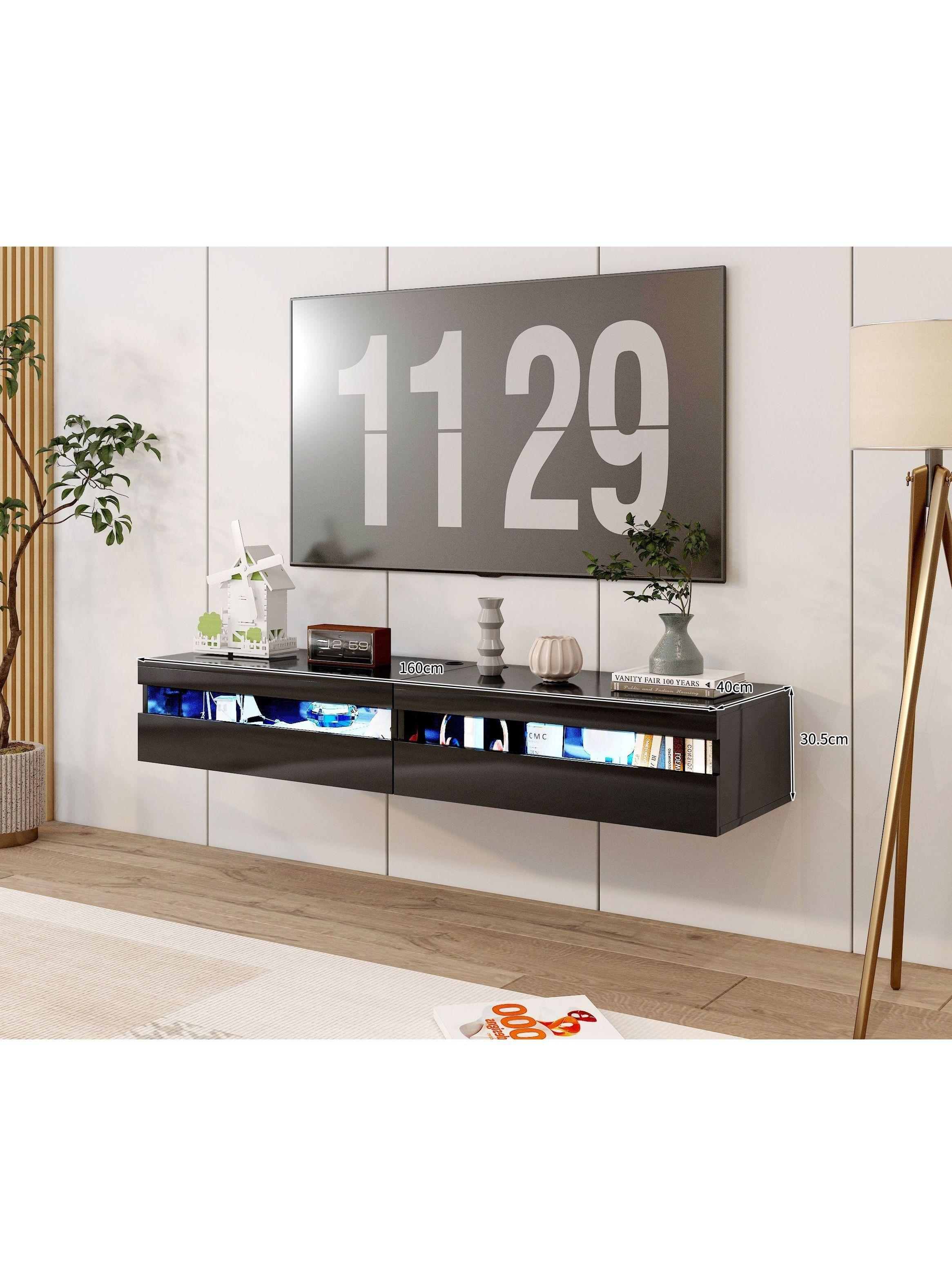 Rack Tv 160x40x30cm Con Luz Variable Melamina Alto Brillo Negro-0