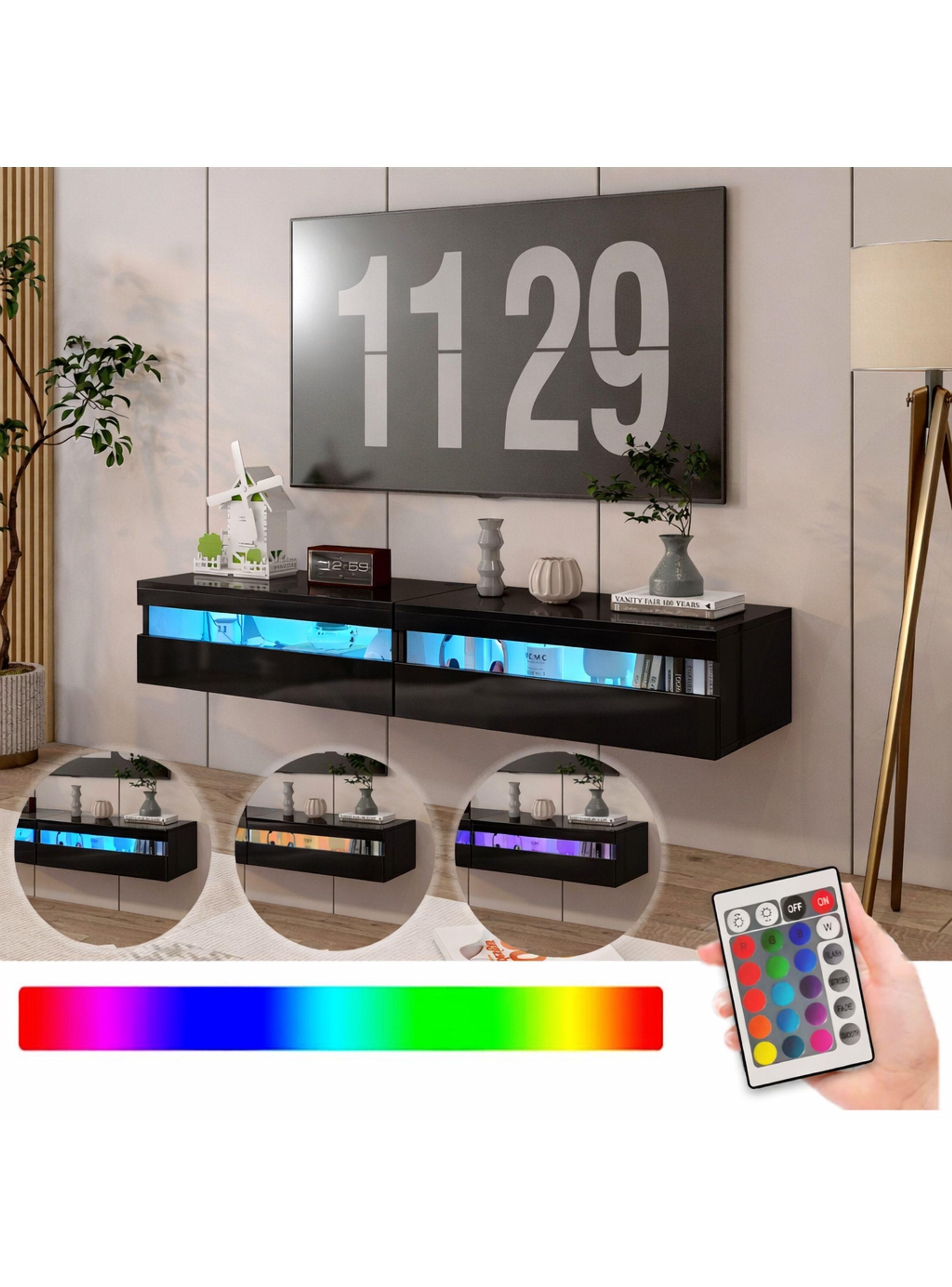 Rack Tv 160x40x30cm Con Luz Variable Melamina Alto Brillo Negro-2