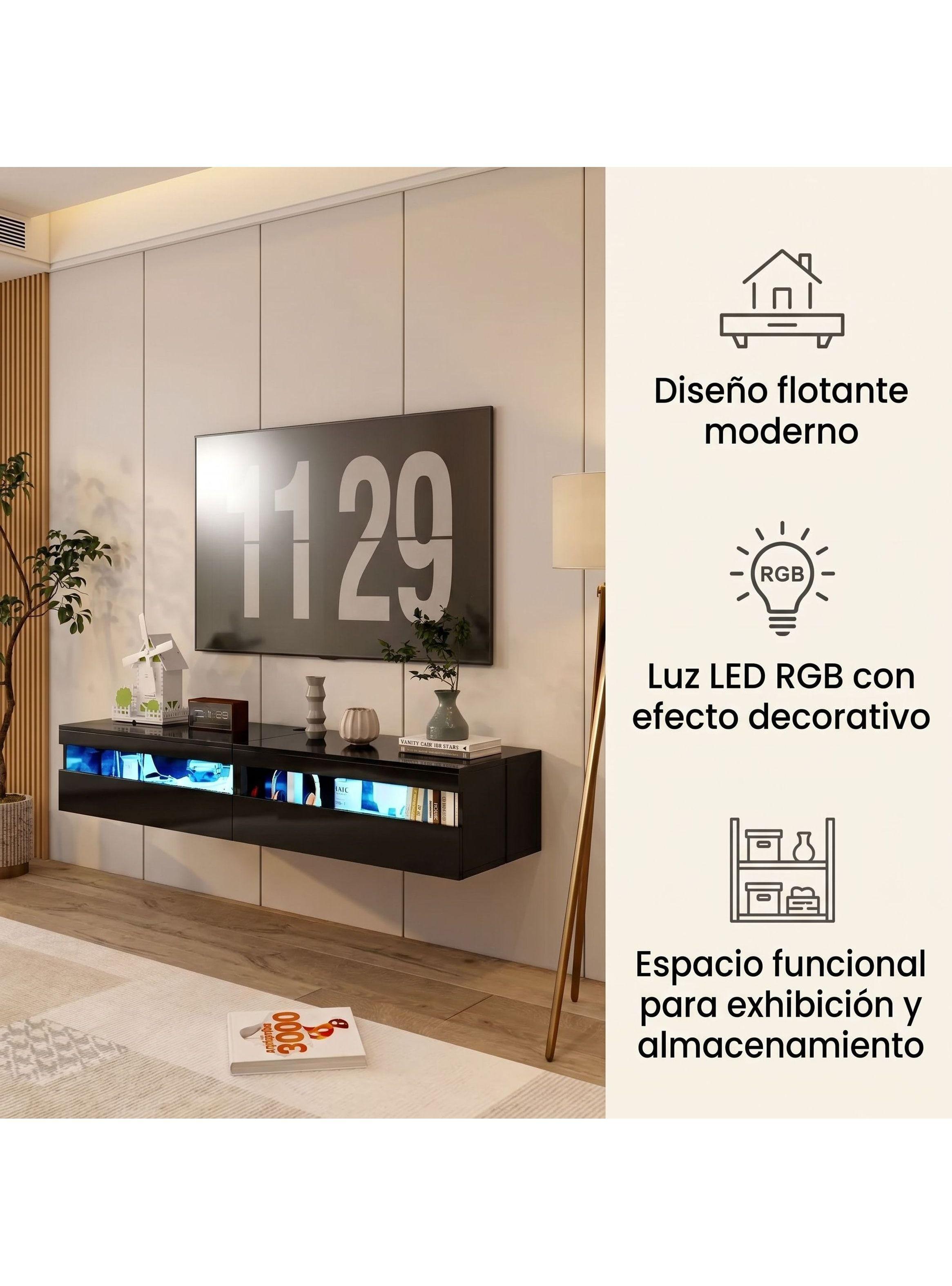 Rack Tv 160x40x30cm Con Luz Variable Melamina Alto Brillo Negro-3