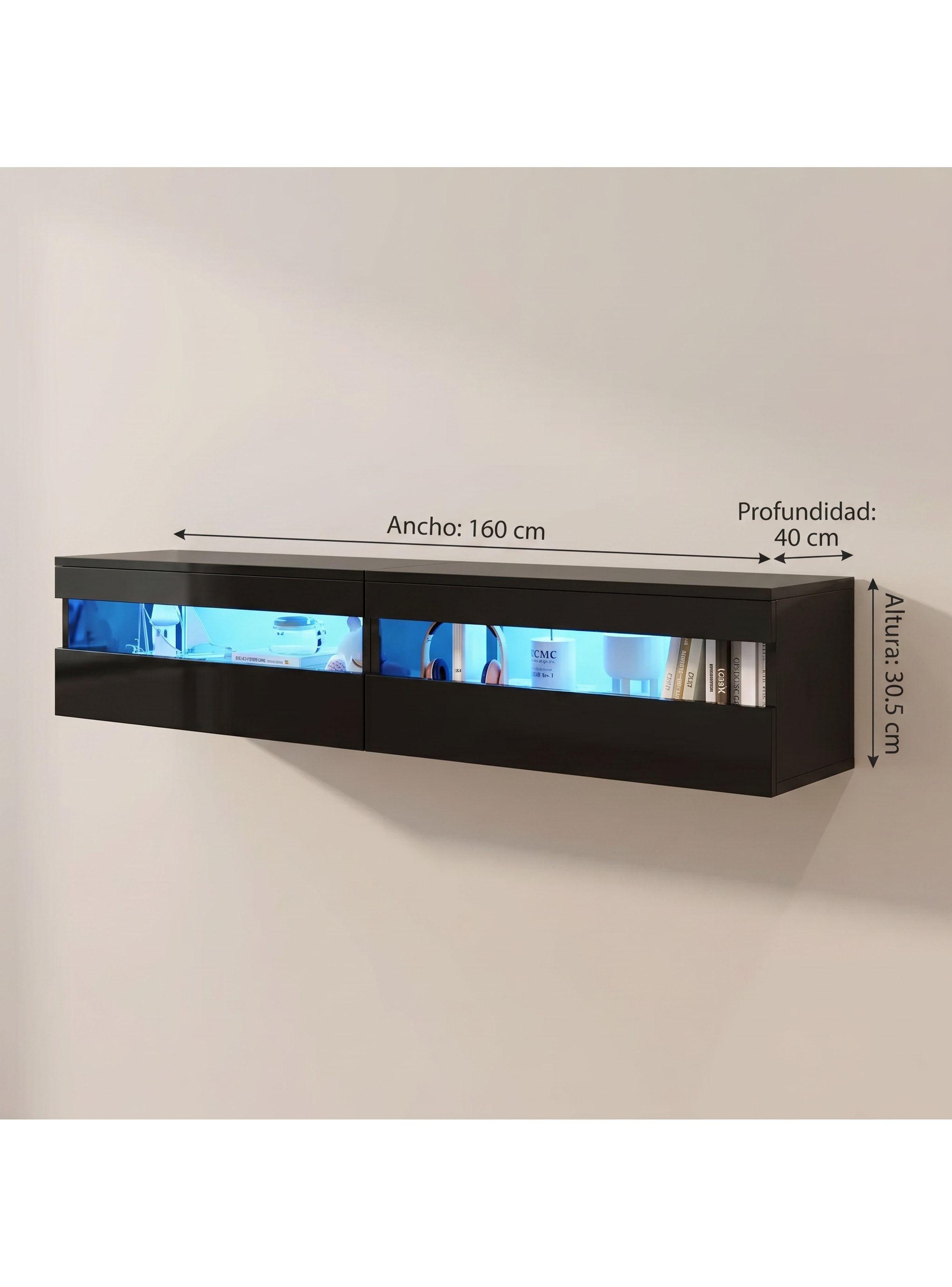 Rack Tv 160x40x30cm Con Luz Variable Melamina Alto Brillo Negro-4