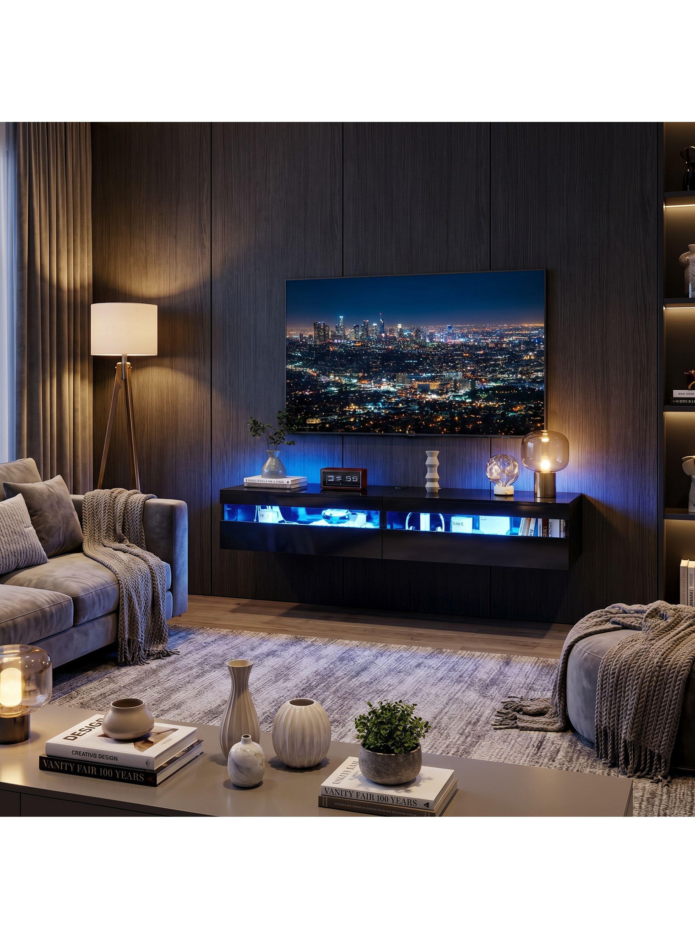 Rack Tv 160x40x30cm Con Luz Variable Melamina Alto Brillo Negro-6