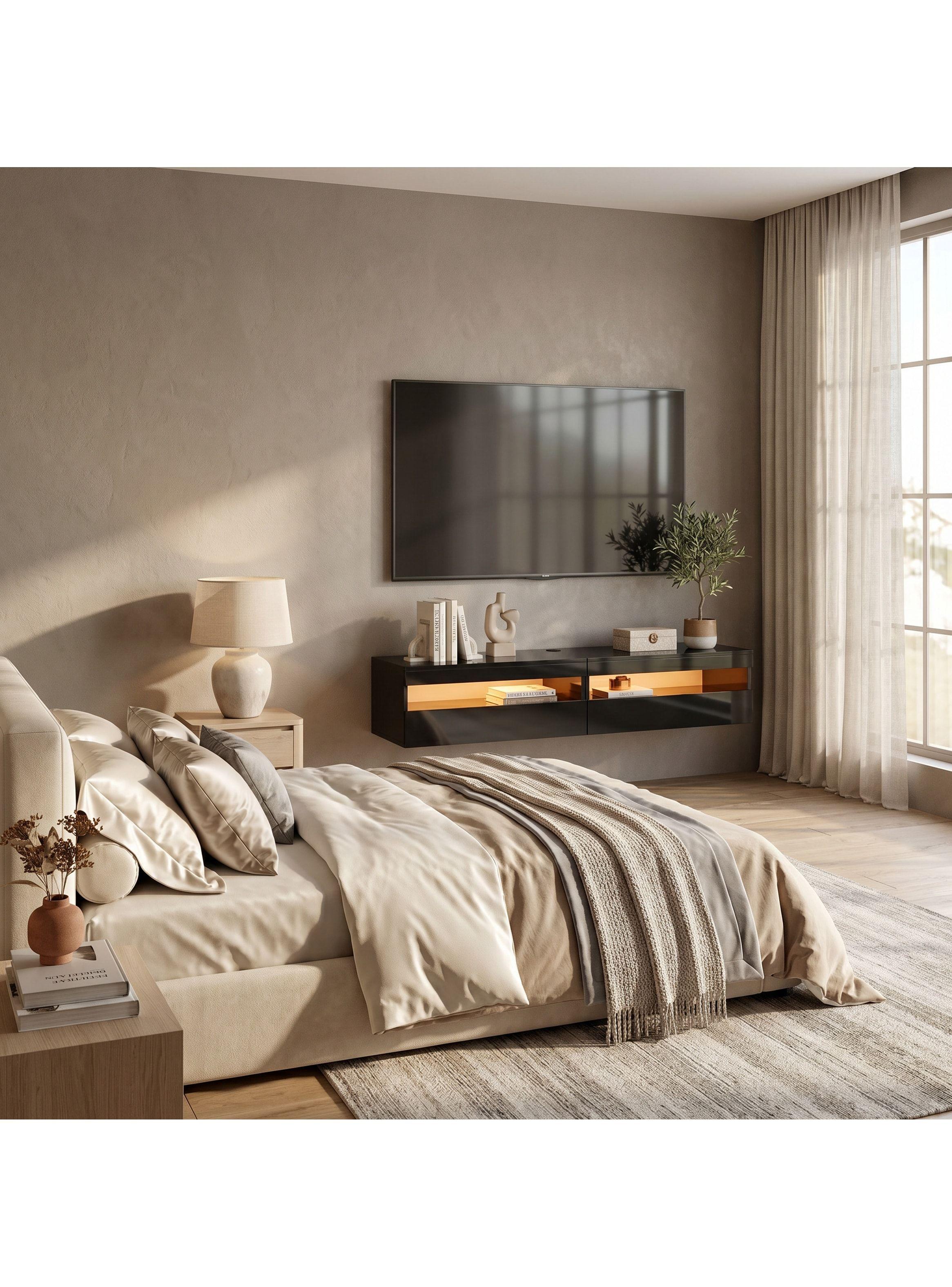 Rack Tv 160x40x30cm Con Luz Variable Melamina Alto Brillo Negro-7
