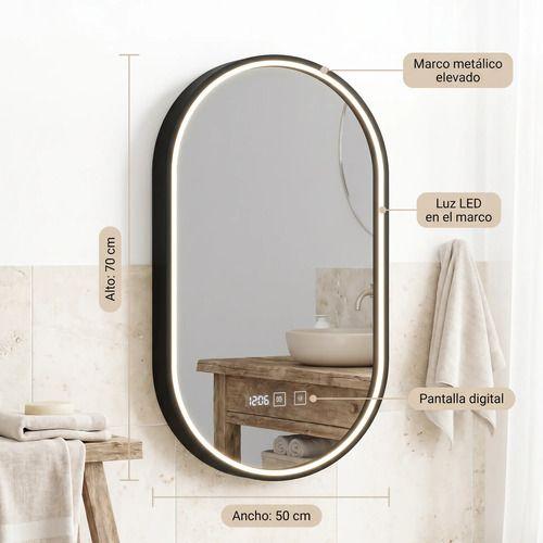 Espejo Marco Melalico Con Luz Led Touch Para Baño 50x70cm Negro Ovalo-2