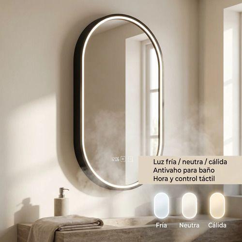 Espejo Marco Melalico Con Luz Led Touch Para Baño 50x70cm Negro Ovalo-6